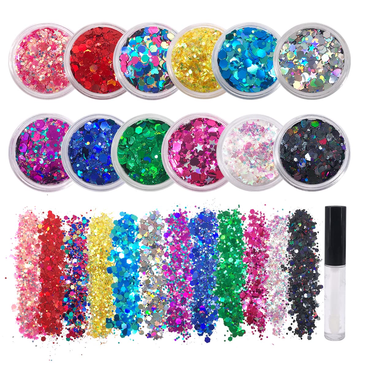 12 Pack - Multi-Colored Face & Body Glitter - Glue Included - Rainbow Chunky Glitter - Uses Include: Festival Rave Makeup Face Body Nails Resin Arts Beauty & Personal Care Electric Bliss Beauty