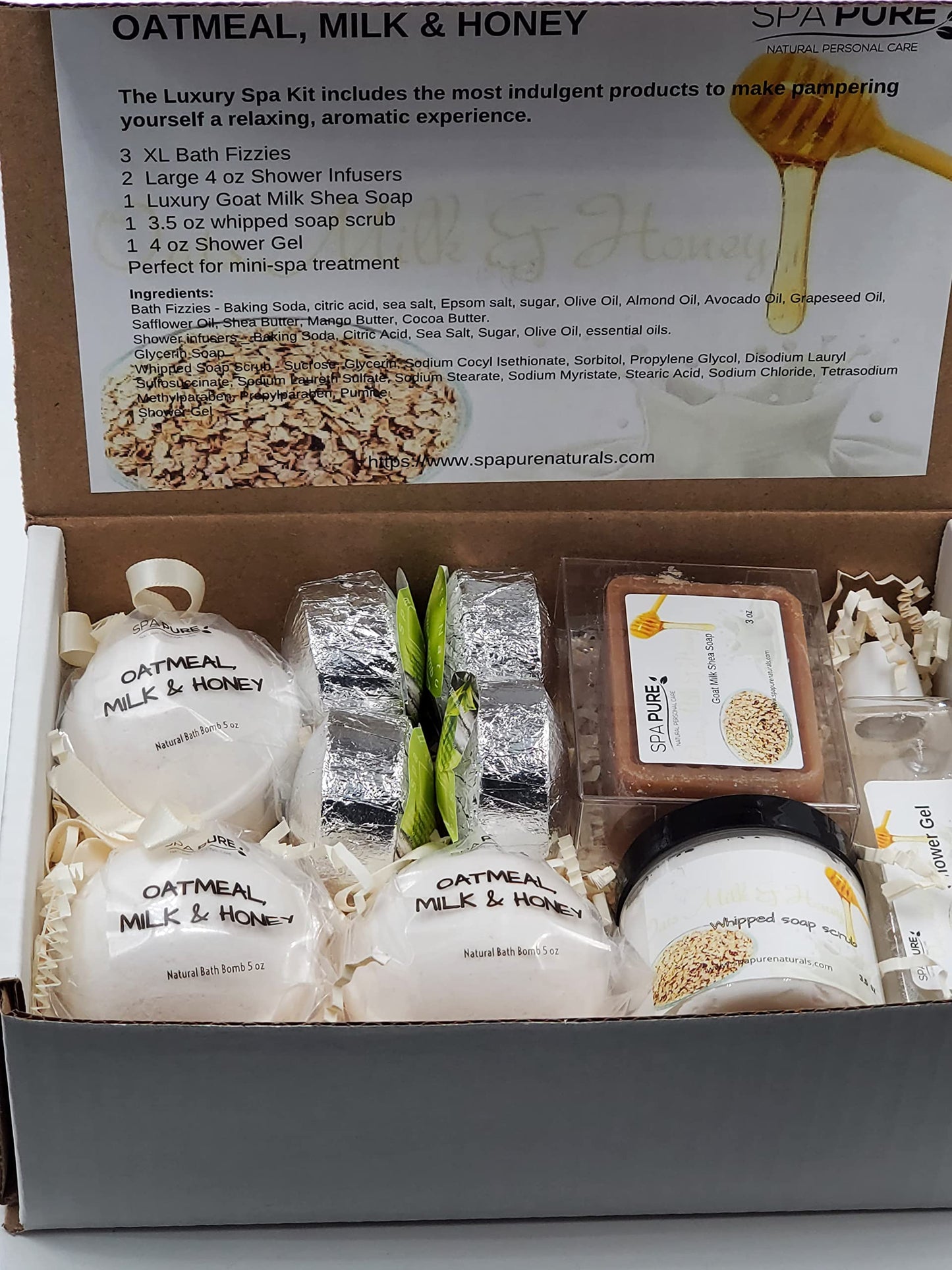 Spa Pure Luxury Spa Kit - 3 XL Bath Fizzies, 2 XL Shower Steamers, 3.5 oz Whipped Soap Scrub, Goat Milk Soap, Shower Gel (Oatmeal Milk & Honey) Beauty and Personal Care Spa Pure