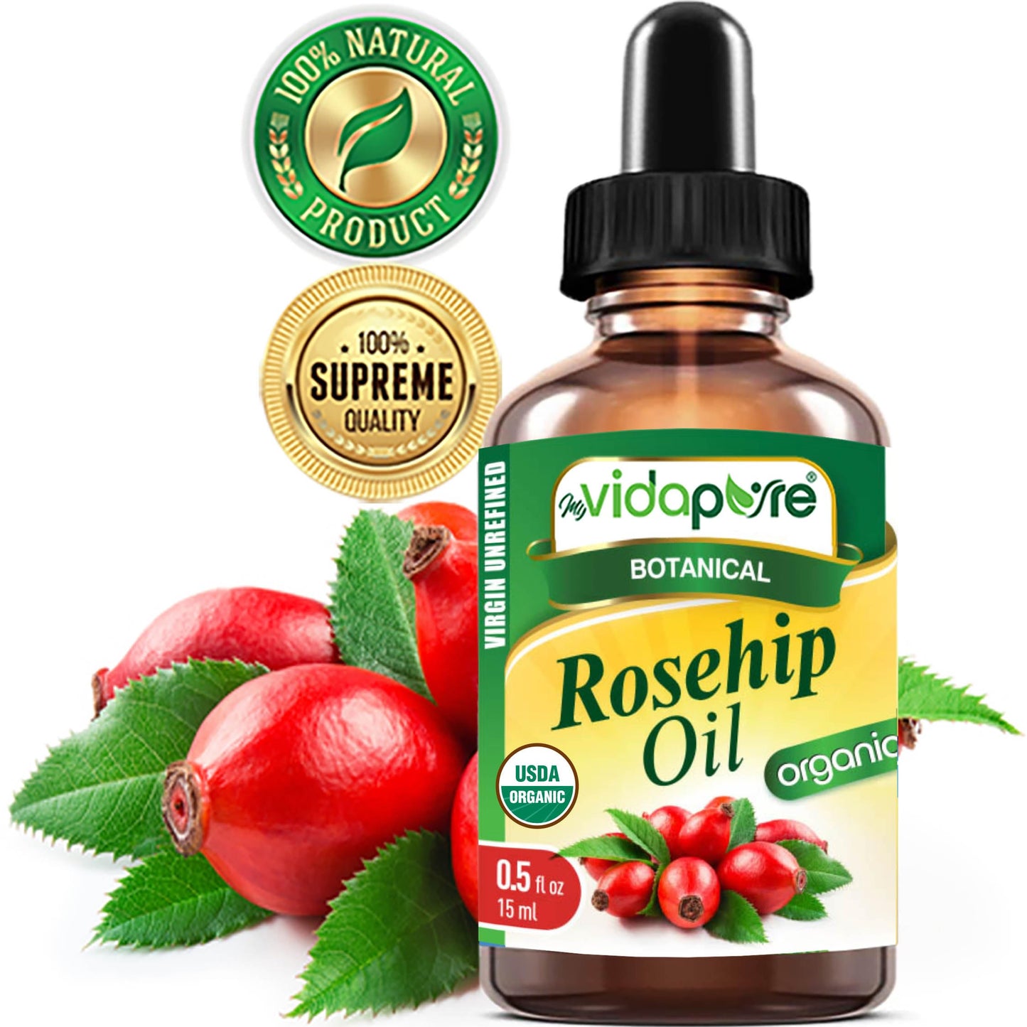 MYVIDAPURE Organic Rosehip Oil Certified Organic Wild Growth RAW Pure Virgin UNREFINED for Face, Body, Hair and Lip Care (0.5 Fl Oz) Beauty & Personal Care MYVIDAPURE