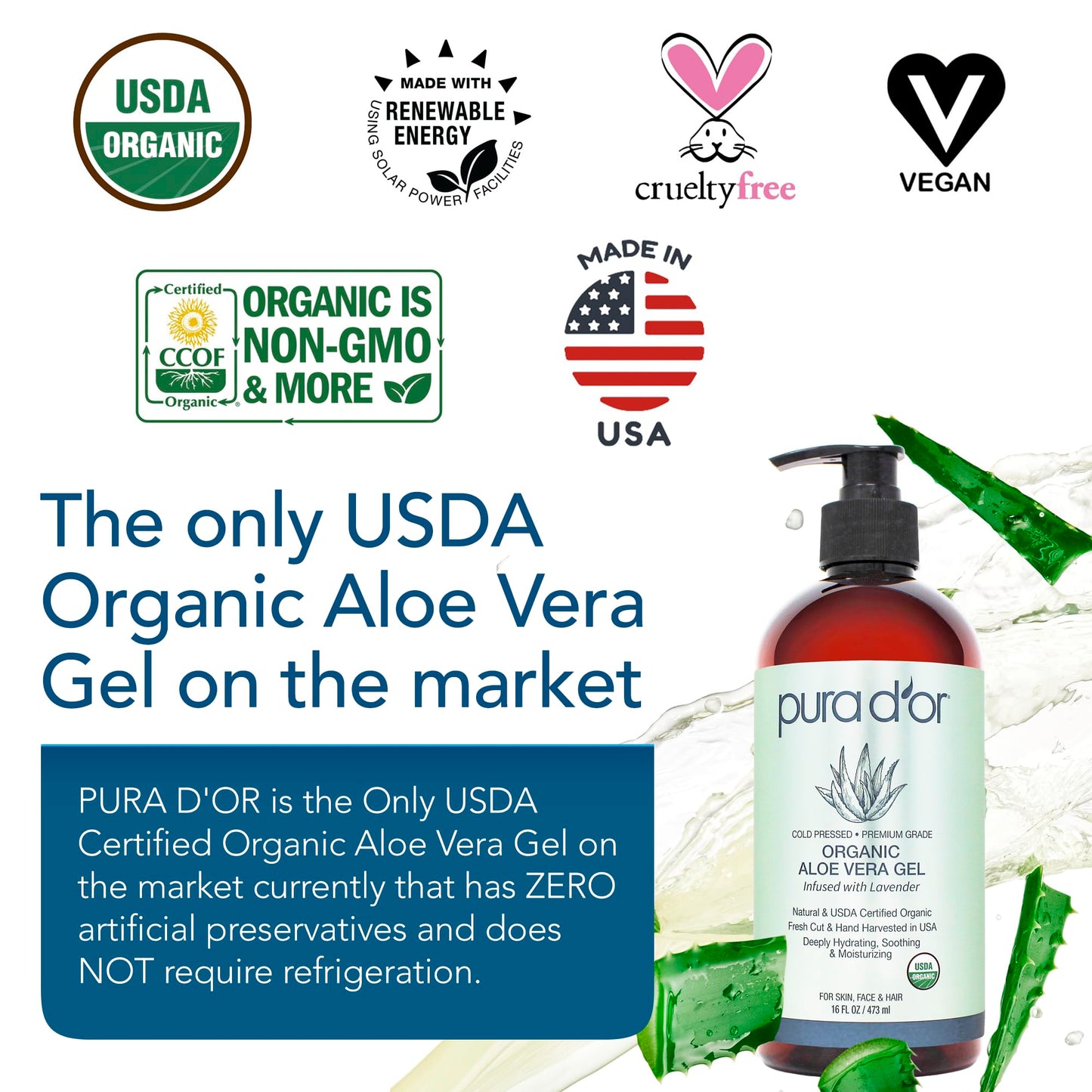 PURA D'OR 16 Oz ORGANIC Aloe Vera Gel - Lavender - All Natural - ZERO Artificial Preservatives - Deeply Hydrating & Moisturizing - Sunburn, Bug Bites Beauty & Personal Care PURA D'OR