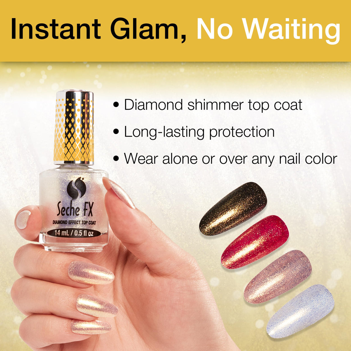 Seche FX Diamond Effect Dry Fast Top Coat Nail Polish - Gold Glitter Finish with Instant Gel-Like Gloss, Fast-Drying Long-Lasting Chip-Resistant