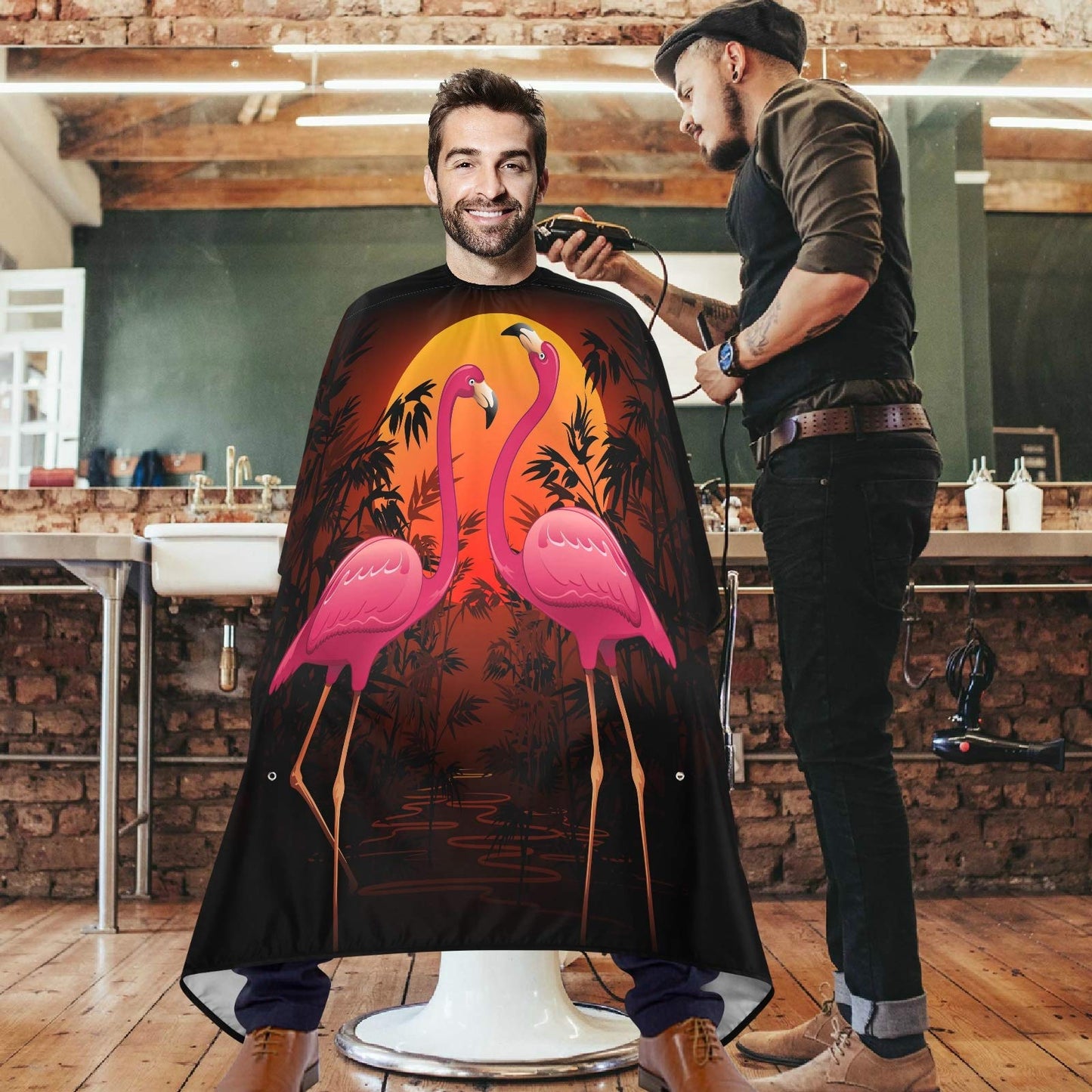 Visesunny Pink Flamingo Tropical Sunset Barber Cape - Anti-Static, Water-Resistant, Adjustable Snap Closure Beauty and Personal Care visesunny