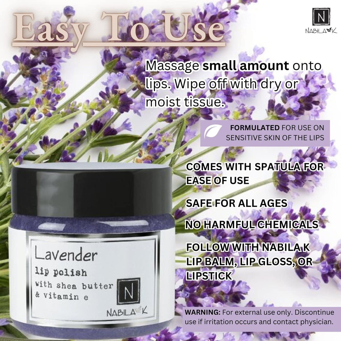 Nabila K Lavender Lip Polish for Women & Men - Natural Sugar Exfoliator with Organic Lavender, Shea Butter & Vitamin E, Hydrating, Cruelty-Free, Made Beauty and Personal Care Nabila K
