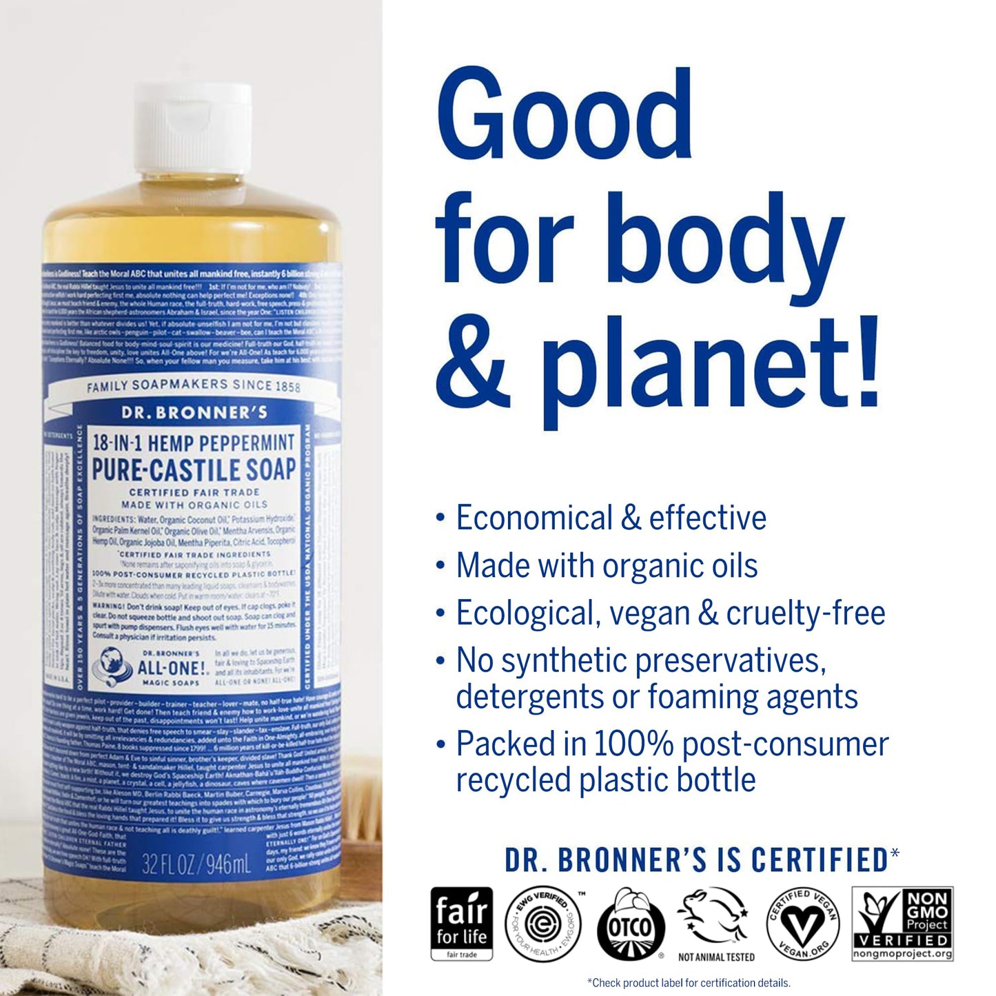 Dr. Bronner's Dr. Bronner Hemp Peppermint Pure Castile Oil Made with Organic Oils Certified - 25 Oz, 1count Beauty & Personal Care Dr. Bronner's