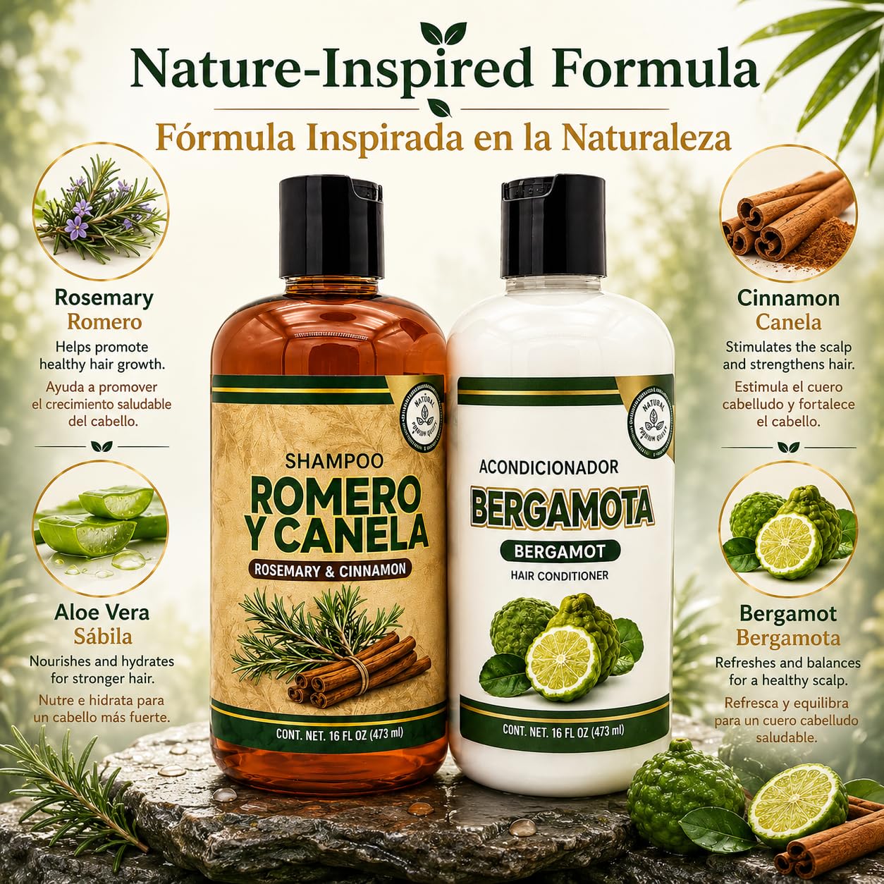 HIGH SUPREME Shampoo Romero, Sábila & Canela + Acondicionador de Bergamota - 16.9 fl oz each - Premium Nourishing Hair Care Set - Nutre y Revitaliza Beauty & Personal Care HIGH SUPREME