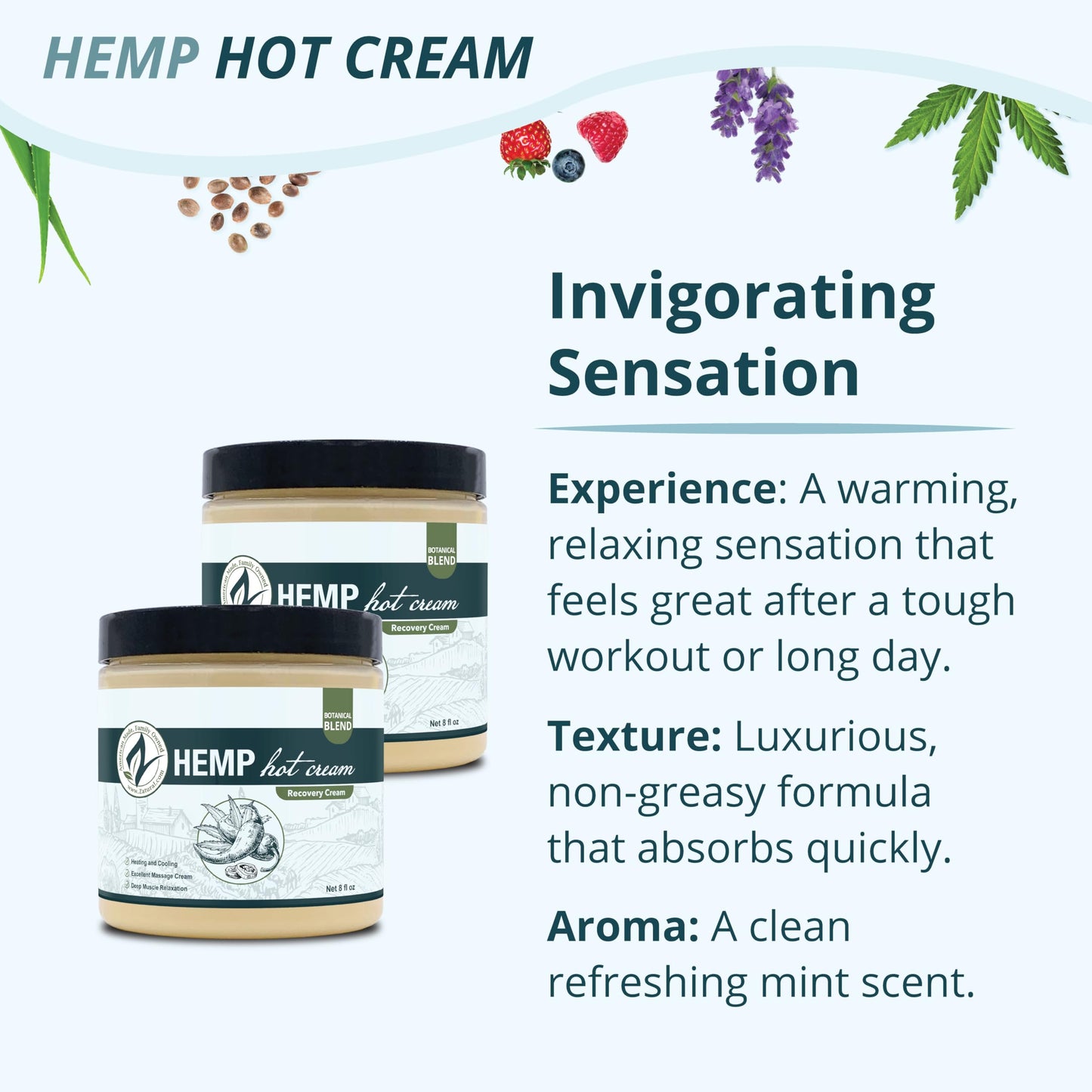 Zatural Hemp Hot Cream Massage Joints and Muscles and Body Wraps Essential Oil Blend, Aloe, Hemp, and More (8oz jar) Beauty & Personal Care Zatural