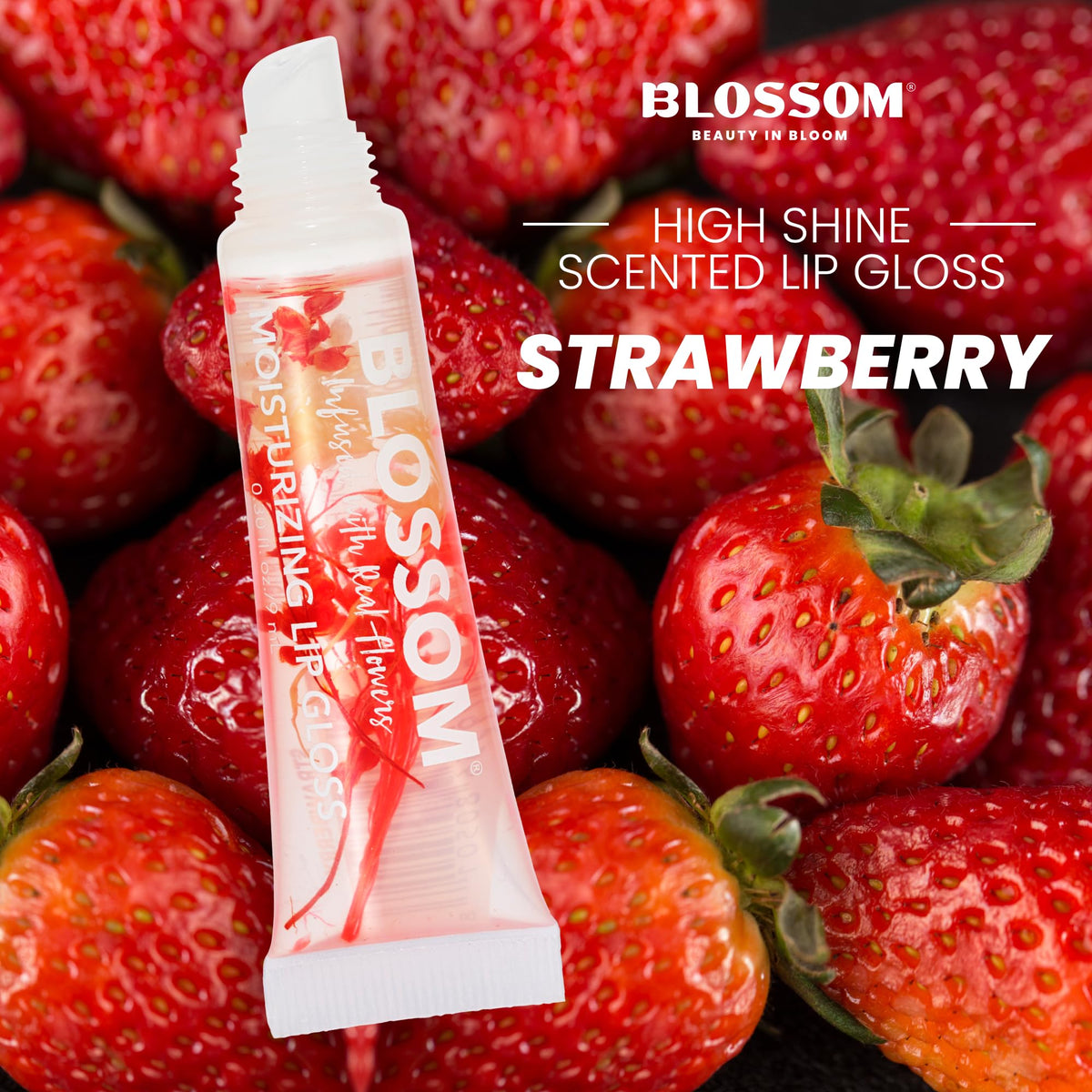 Blossom Lip Gloss Tubes, Strawberry Scented Thick Clear High Shine Moisturizing Flower Lip Gel with Nourishing Jojoba Seed Oil, Infused with Real Beauty & Personal Care Blossom