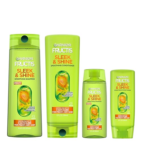 Garnier Fructis Sleek & Shine Full + Travel Size Shampoo (12.5 & 3 Fl Oz) + Conditioner (12 & 3 Fl Oz) Set for Frizzy, Dry Hair, Plant Keratin + Argan Beauty & Personal Care Garnier