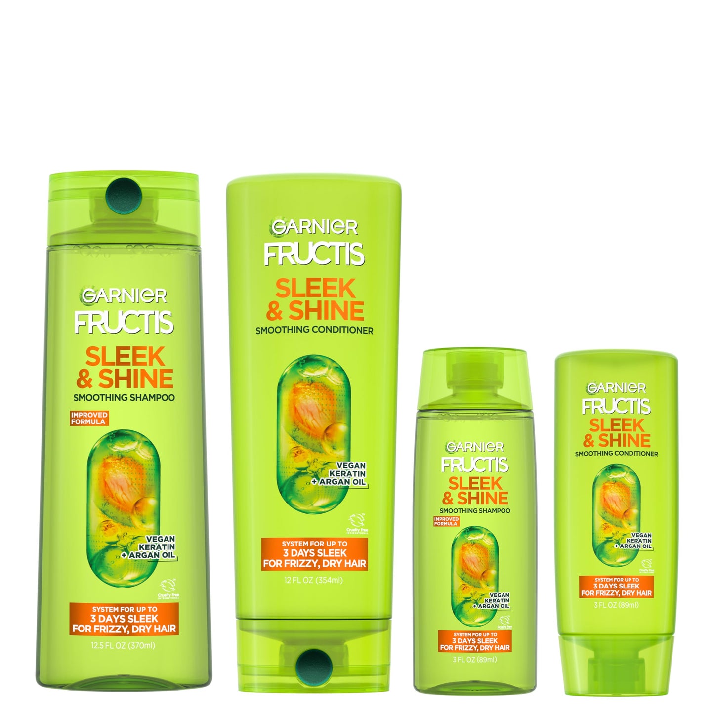 Garnier Fructis Sleek & Shine Full + Travel Size Shampoo (12.5 & 3 Fl Oz) + Conditioner (12 & 3 Fl Oz) Set for Frizzy, Dry Hair, Plant Keratin + Argan Beauty & Personal Care Garnier
