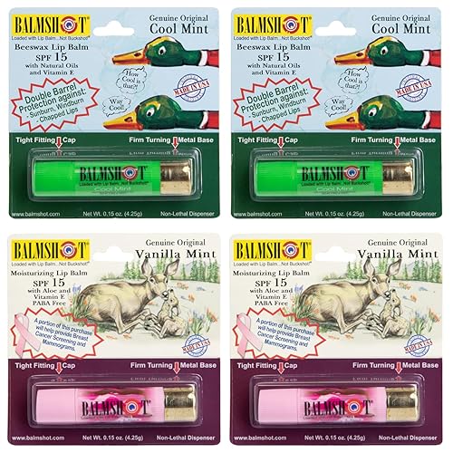 BALMSHOT Lip Balm 4-Pack - Minty Combo Variety Pack - (2) Cool Mint & (2) Vanilla Mint - SPF 15 Beeswax Chapstick Formula, 20-Gauge Brass Shotgun Beauty & Personal Care Balmshot