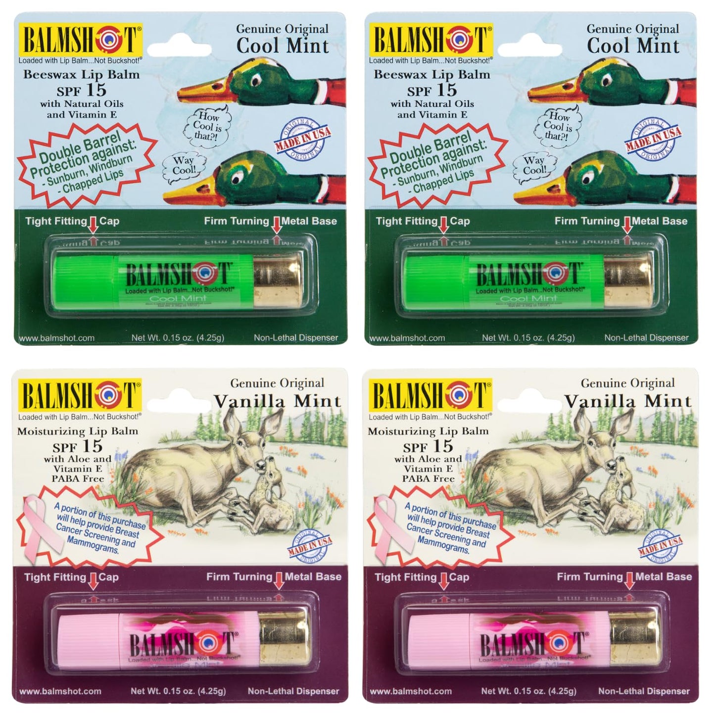 BALMSHOT Lip Balm 4-Pack - Minty Combo Variety Pack - (2) Cool Mint & (2) Vanilla Mint - SPF 15 Beeswax Chapstick Formula, 20-Gauge Brass Shotgun Beauty & Personal Care Balmshot