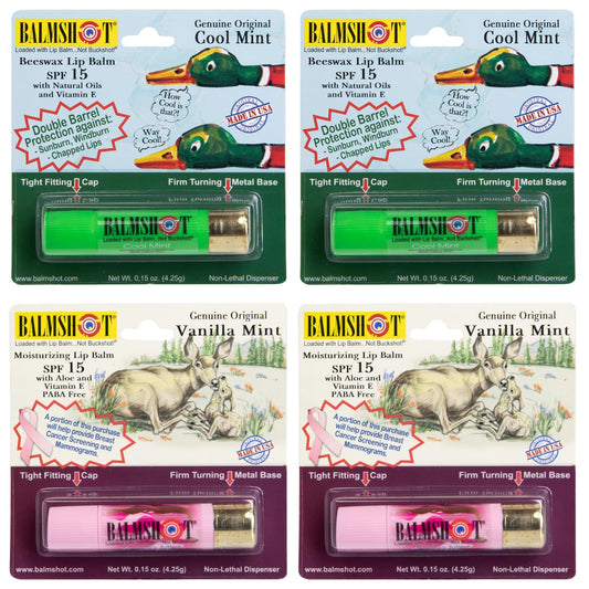 BALMSHOT Lip Balm 4-Pack - Minty Combo Variety Pack - (2) Cool Mint & (2) Vanilla Mint - SPF 15 Beeswax Chapstick Formula, 20-Gauge Brass Shotgun Beauty & Personal Care Balmshot