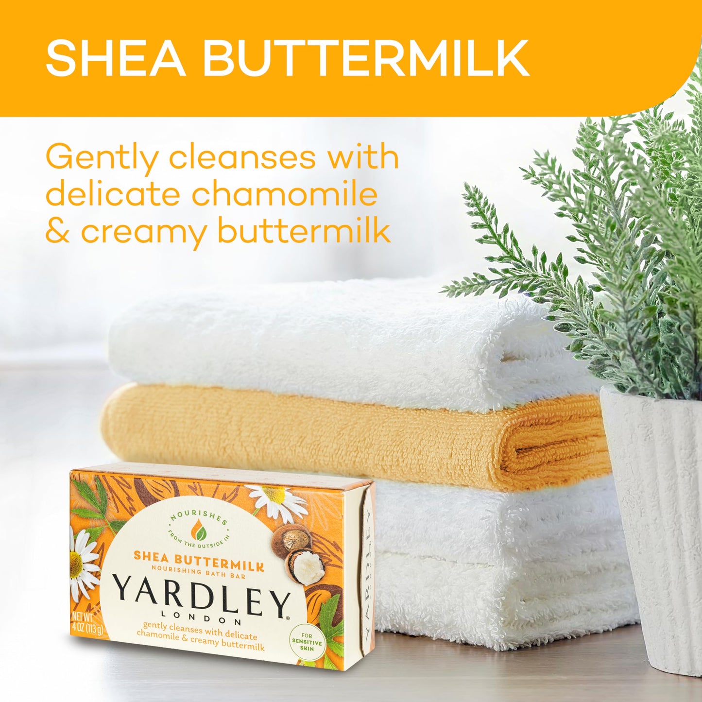 Yardley London Nourishing Bath Soap Bar Shea Buttermilk for Sensitive Skin, Gently Cleanses with Delicate Chamomile & Creamy Buttermilk, 4.0 oz Bath Beauty & Personal Care Yardley