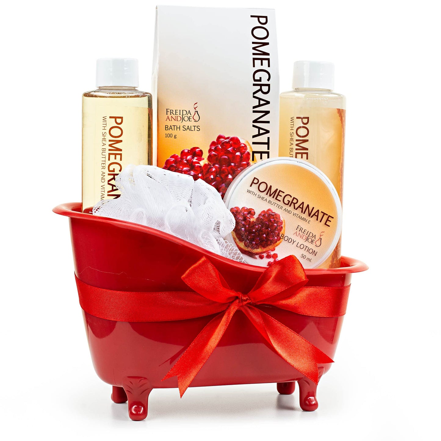 Red Pomegranate Home Spa Bath Basket - Bath & Body Set For Women - Contains Shower Gel, Bubble Bath, Body Lotion, Pomegranate Bath Salt & Pouf in Red Beauty & Personal Care Freida and Joe