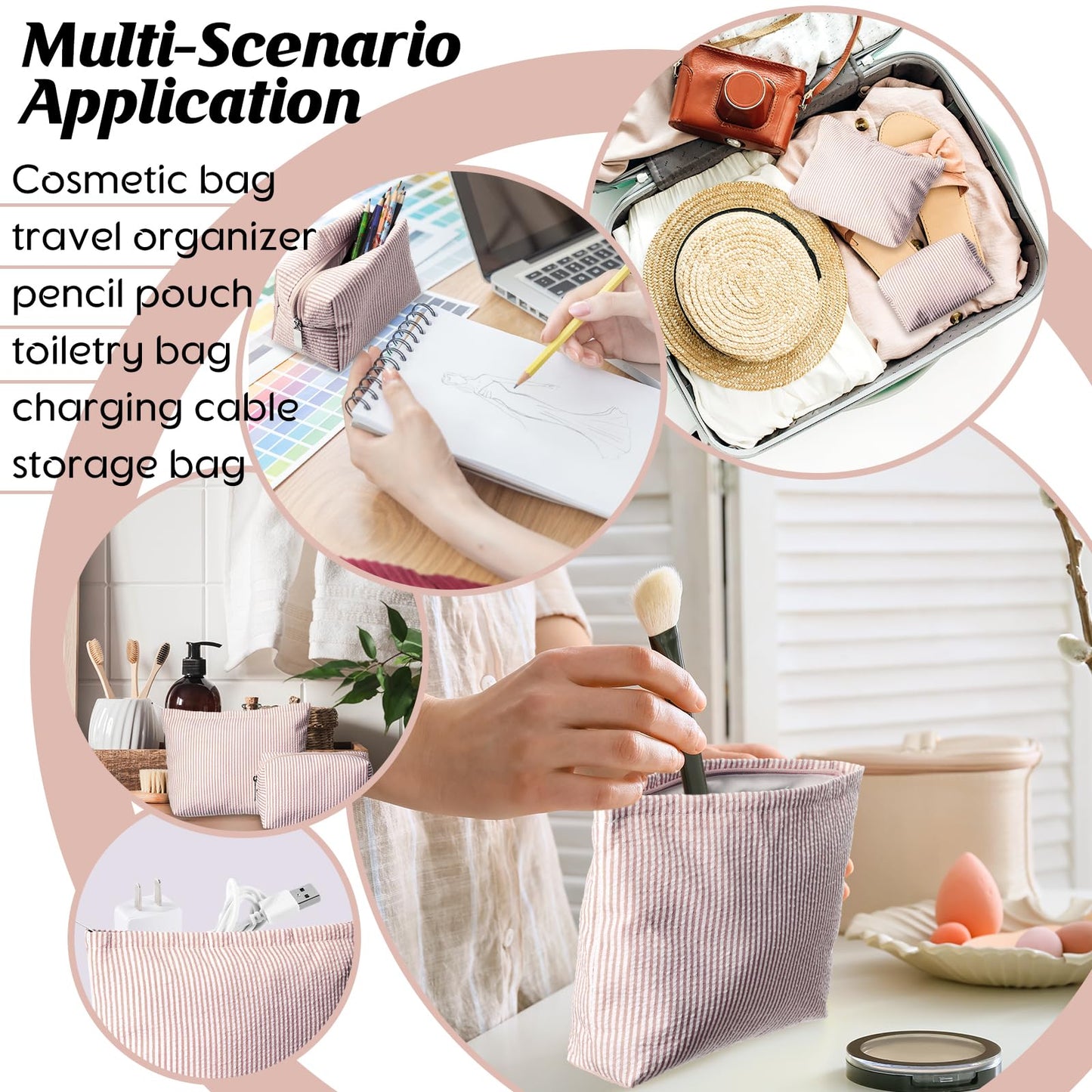 Huhumy 2 Pcs Makeup Bag Set Cute Cosmetic Pouch for Women Seersucker Travel Toiletry Bag Preppy Small Makeup Purse Pouch Aesthetic Skincare Brushes Beauty and Personal Care Huhumy