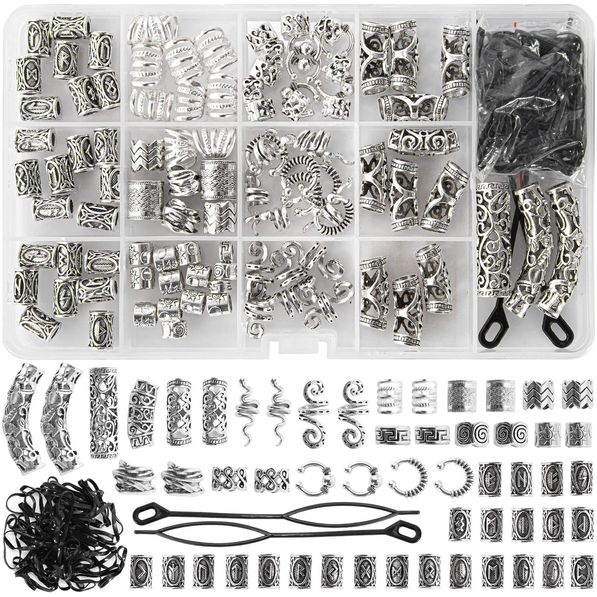 152PCS Vikings Hair Jewelry Norse Runes Tube Beads, Metal Clips Cuffs Rings, Accessories for Braids Dreadlocks Beads for Braiding Beard Decoration Beauty & Personal Care Vaikby
