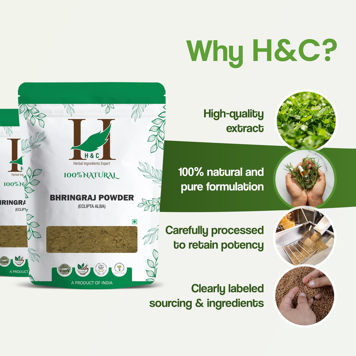H&C Natural Bhringraj Powder for Hair (227g / 0.5 LB/ 08 oz) - Hair Growth Rejuvenator from Indian Ayurveda
