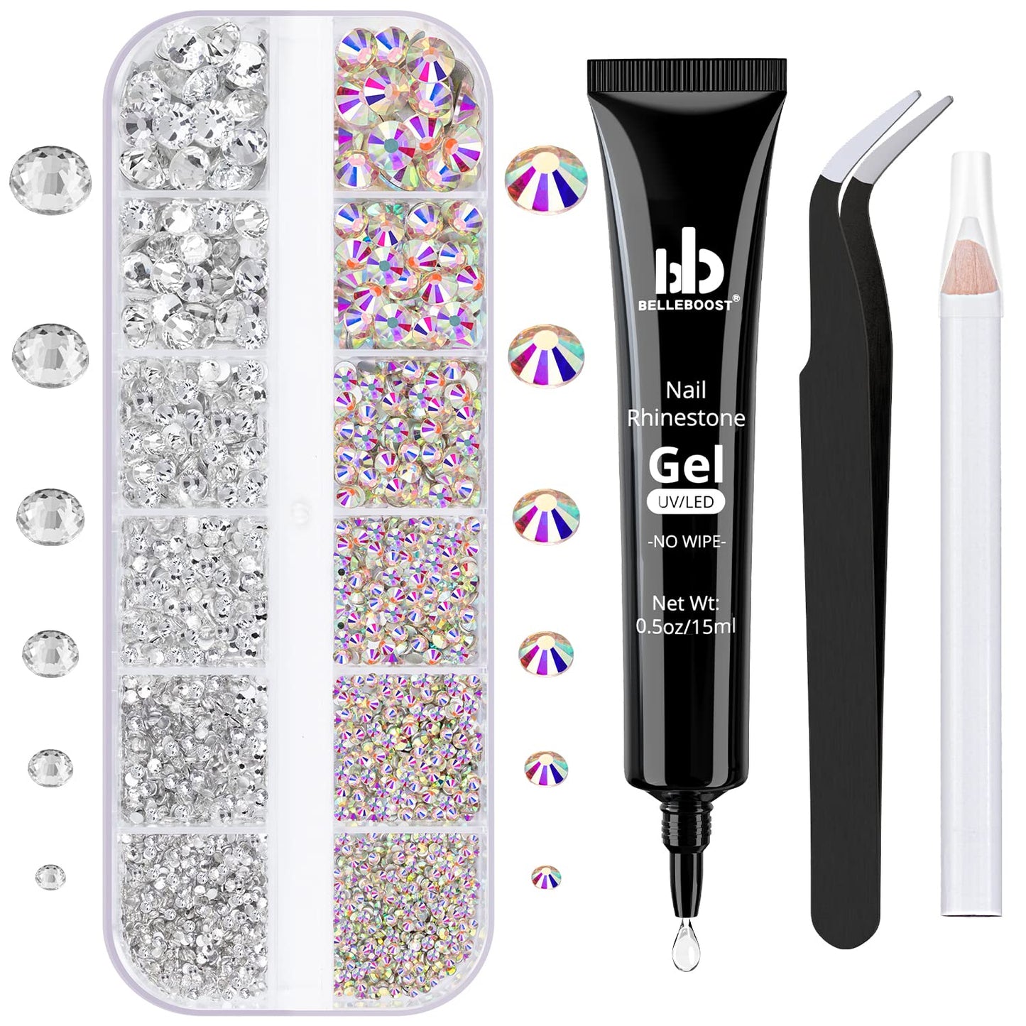 Nail Art Rhinestone Glue Gel&Flatback Gems Accessories Kit, 1 Tube of 15ml Rhinestone Gel Glue(UV/LED Needed)+1 Box of Flat-Back Round Glass Crystal Beauty & Personal Care BELLEBOOST