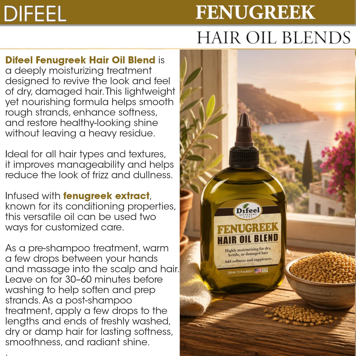 Difeel Fenugreek Hair Oil Blend 7.1 Ounce - Pre or Post Shampoo Treatment for All Hair Types