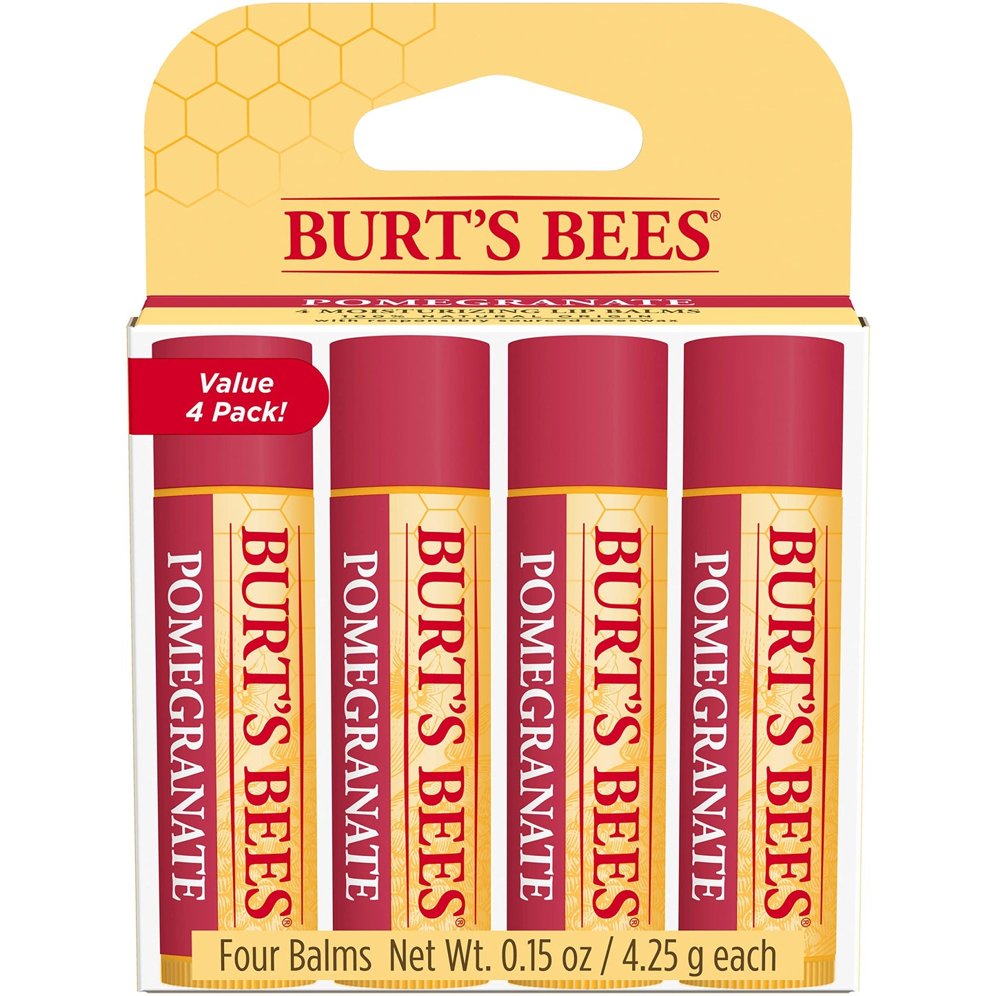 Burt's Bees Lip Balm, Moisturizing Lip Care, for All Day Hydration, 100% Natural, Pomegranate with Beeswax & Fruit Extracts (4 Pack) Beauty & Personal Care Burt's Bees