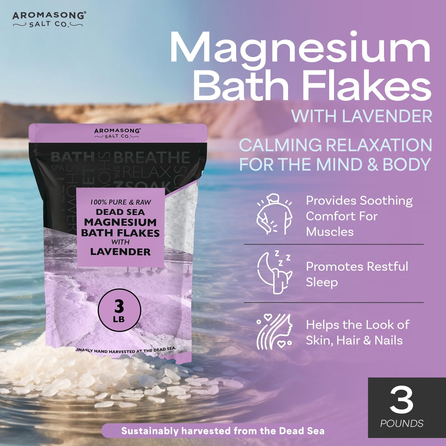Aromasong RAW Magnesium Bath Flakes with 100% Natural Lavender, 3 LB Muscle Relaxing Organic Salts Mg Chloride, Mineral Soak. (Packaging May Vary) Beauty & Personal Care Aromasong