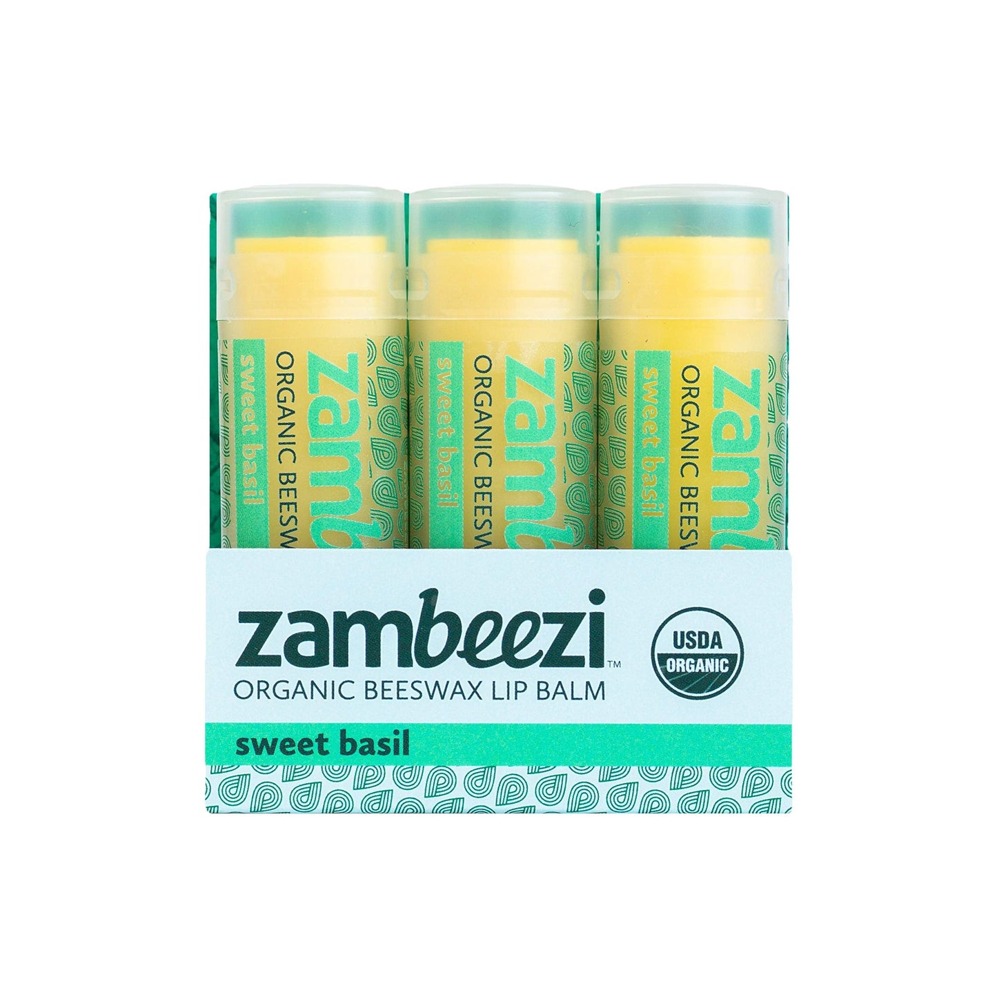 ZAMBEEZI Organic, Fair Trade Beeswax Lip Balm - Sweet Basil 3 Pack - Ethically Sourced Beauty and Personal Care Zambeezi