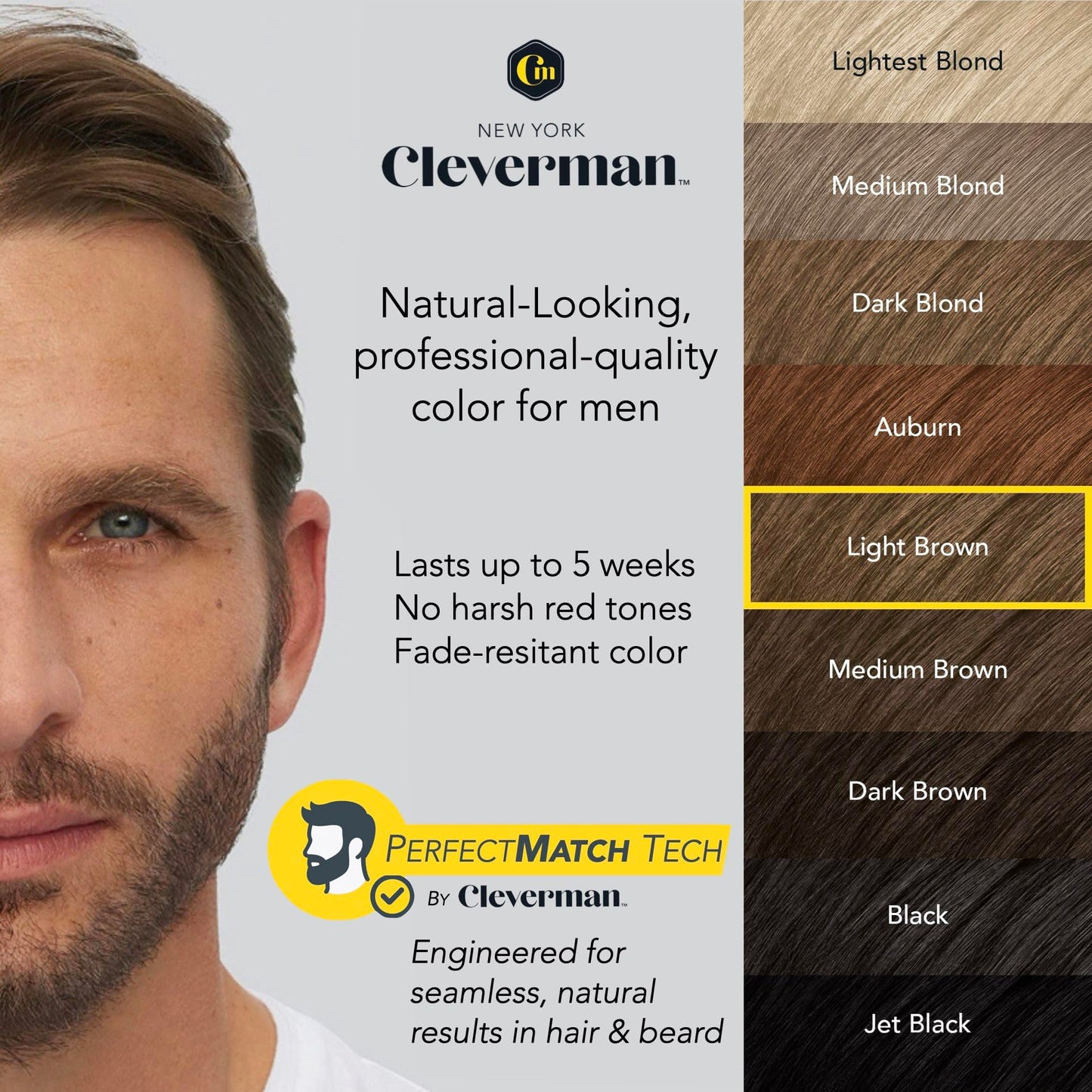 Reusable Hair & Beard Dye for Men - Light Brown 6.12 | Up to 5 Uses, 7 Minutes | Natural Gray Coverage, No-Drip Cream with SkinArmour® - Cleverman Beauty & Personal Care CLEVERMAN