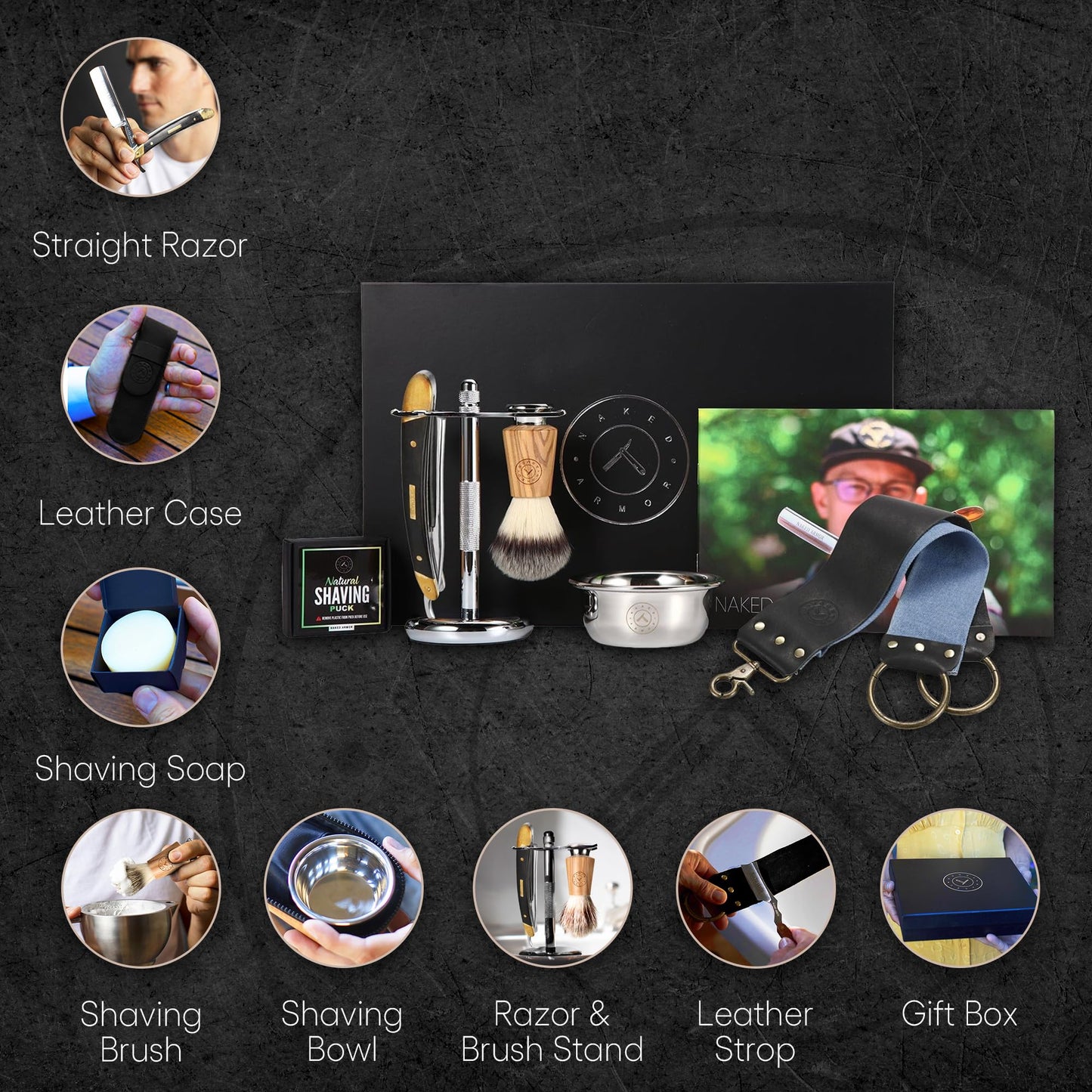 Naked Armor Solomon Straight Razor Kit - Complete Shaving Kit with Shave Ready Straight Razors for Men, Strop, Stand, Soap, Brush, Bowl, Case, Wet Beauty and Personal Care Naked Armor