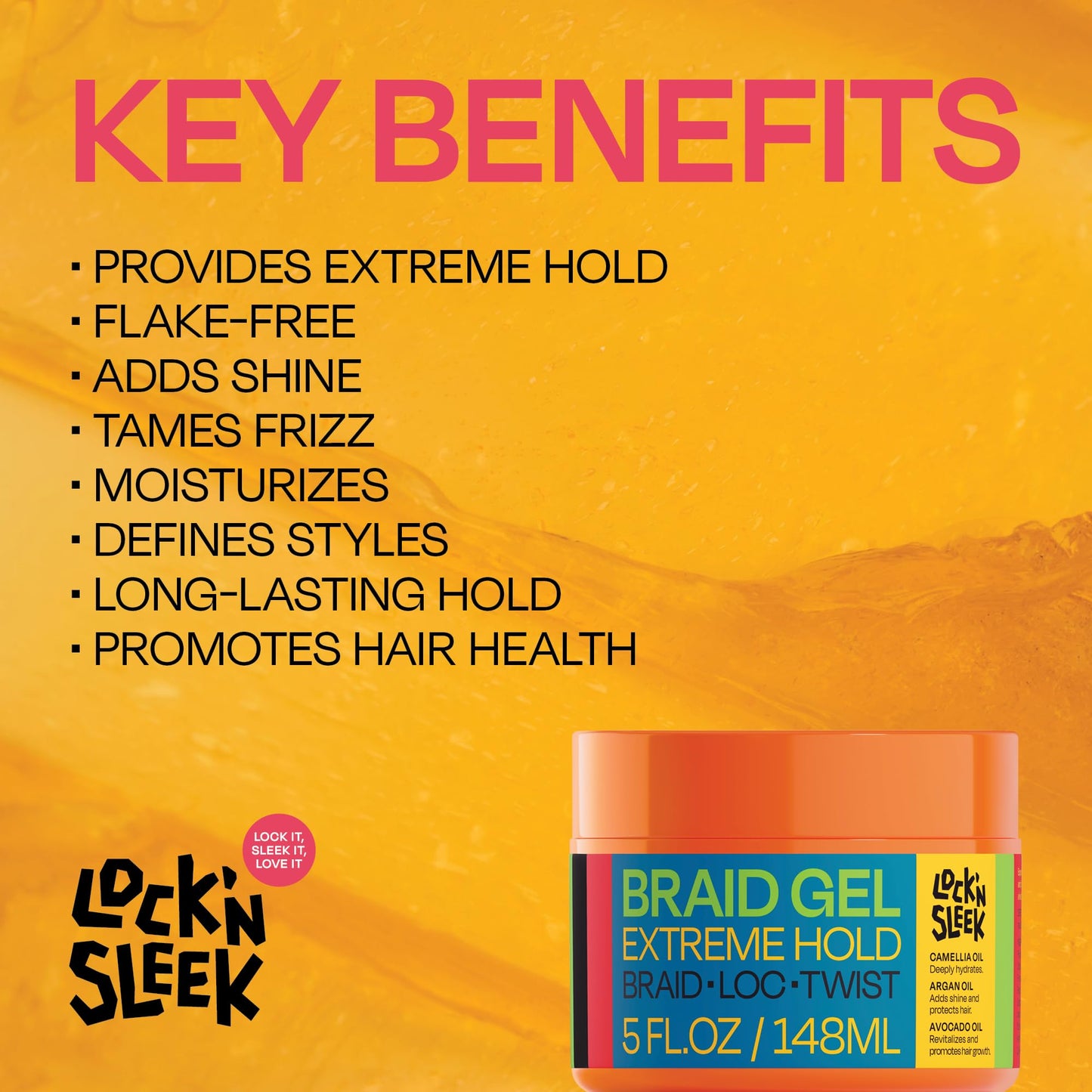 LOCK'N SLEEK Braid Gel (5 oz), Extreme Hold, Flake-Free, High Shine Edge Control - Argan, Camellia, Avocado Oil - For Locks, Braids, Twists, Cornrows Beauty & Personal Care LOCK'N SLEEK