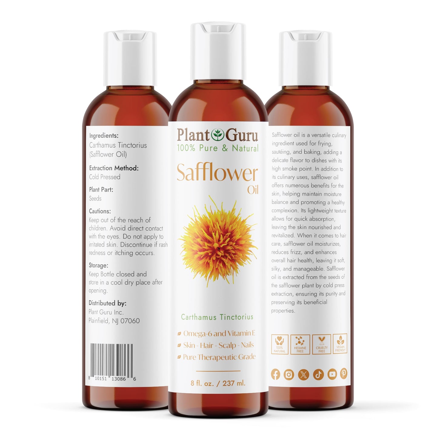 Plant Guru Safflower Oil 8 fl. oz. - Cold Pressed, 100% Pure & Natural Carrier for Skin, Face, Body, Hair, and Cooking. Great for DIY Creams, Lotions Beauty & Personal Care Plant Guru
