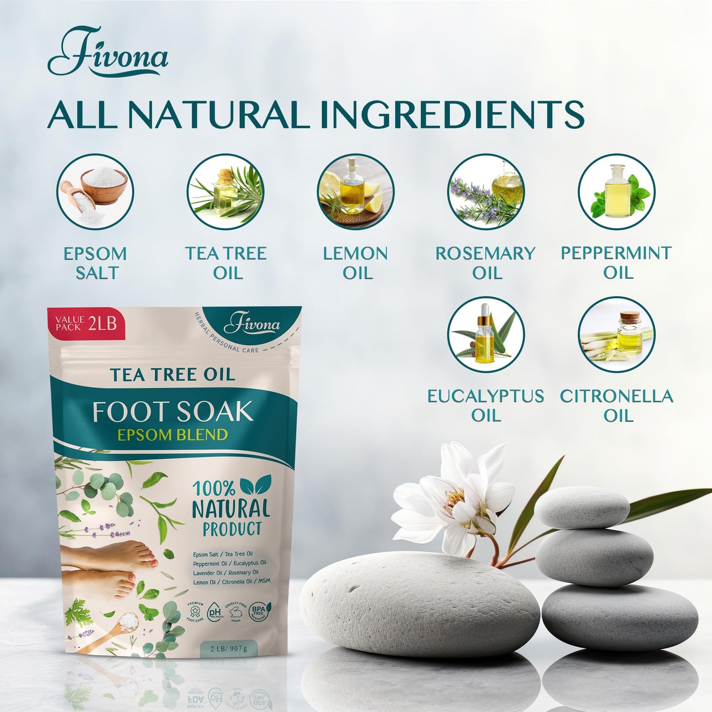 Foot Soak Epsom Salt with Tea Tree Oil 2 LB - Epsom Salt with Essential Oils for Healthy Toenails, Soothing Relief, Callus Softening - Pedicure Beauty and Personal Care FIVONA