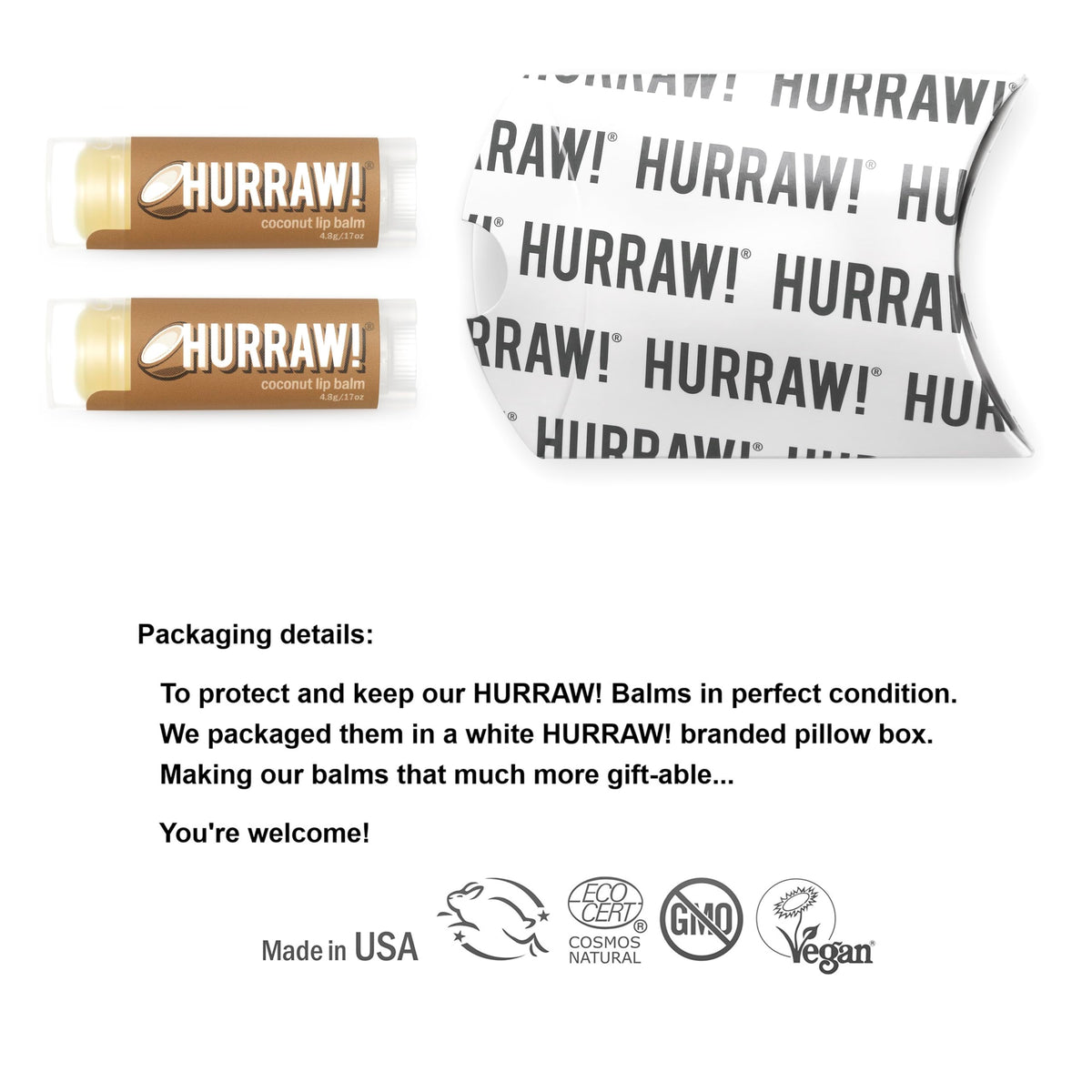 Hurraw! Coconut Lip Balm, 2 Pack: Organic, Certified Vegan, Cruelty and Gluten Free. Non-GMO, 100% Natural Ingredients. Bee, Shea, Soy and Palm Free. Beauty & Personal Care HURRAW!