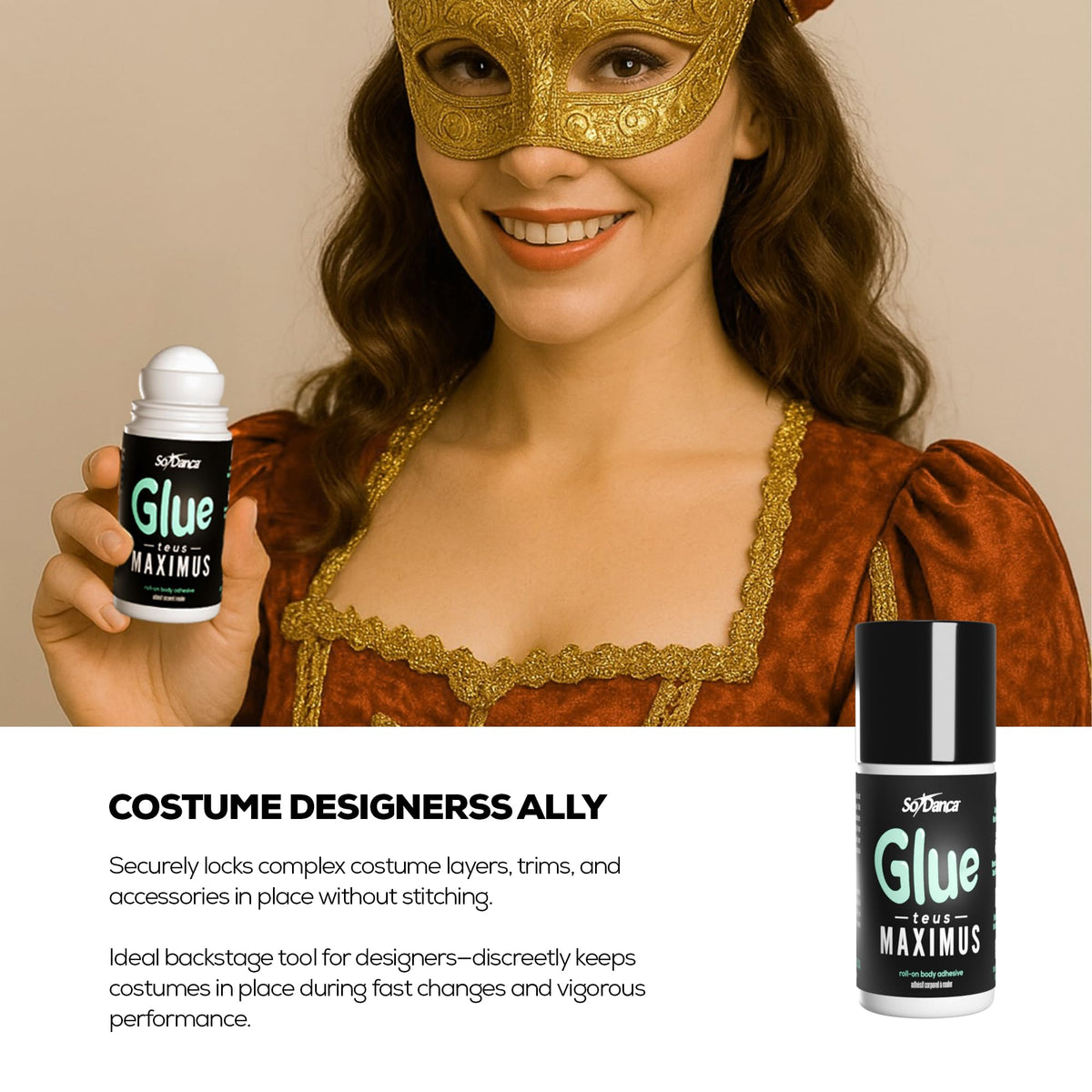So Danca Glue-teus Maximus Roll-On Body Adhesive - Hypoallergenic, Sweat-Resistant Body Glue for Dancers, Costumes, Cosplay, Stagewear, Leotards &