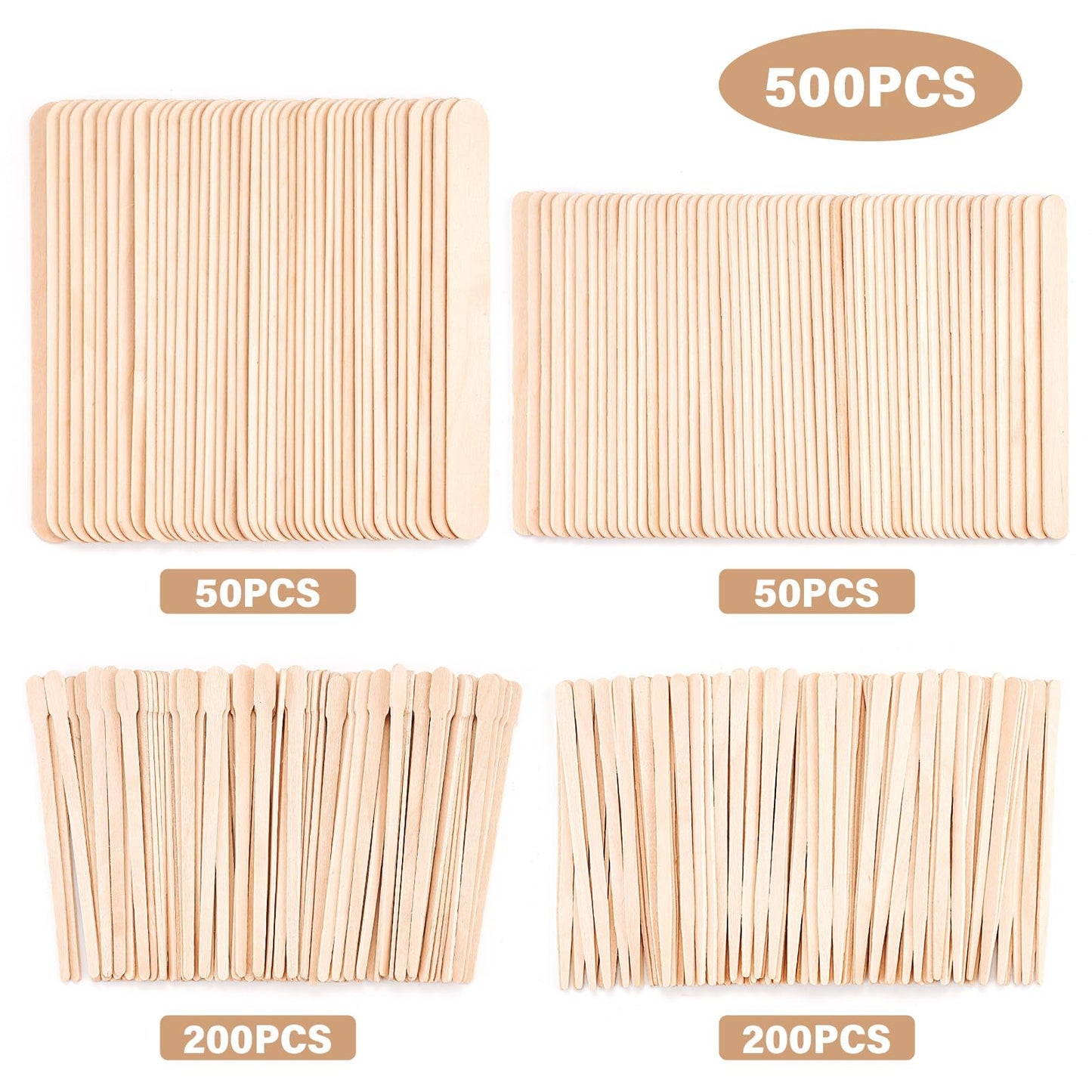 EWVVSS 4 Styles 500 Pcs Waxing Sticks Assorted Wax Applicator Sticks For Body Legs Face With Small Medium Large Sizes Wood Popsicle Sticks For Waxing Beauty and Personal Care EWVVSS
