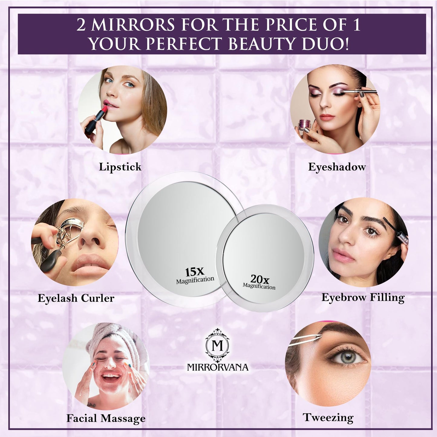 MIRRORVANA 20X & 15X Magnifying Mirror Set with 3 Suction Cups Each - Compact & Travel Ready Mirror for Makeup - Sizes: 6" and 4" Wide Beauty & Personal Care MIRRORVANA