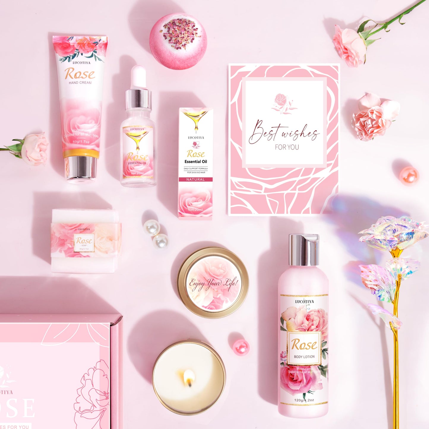 Gifts for Women, Happy Birthday Gifts for Women, Mothers Bath and Body Gift for Woman with Unique Rose Self Care Gift, Home Spa Gift Basket for Mom Beauty and Personal Care LUCOTIYA