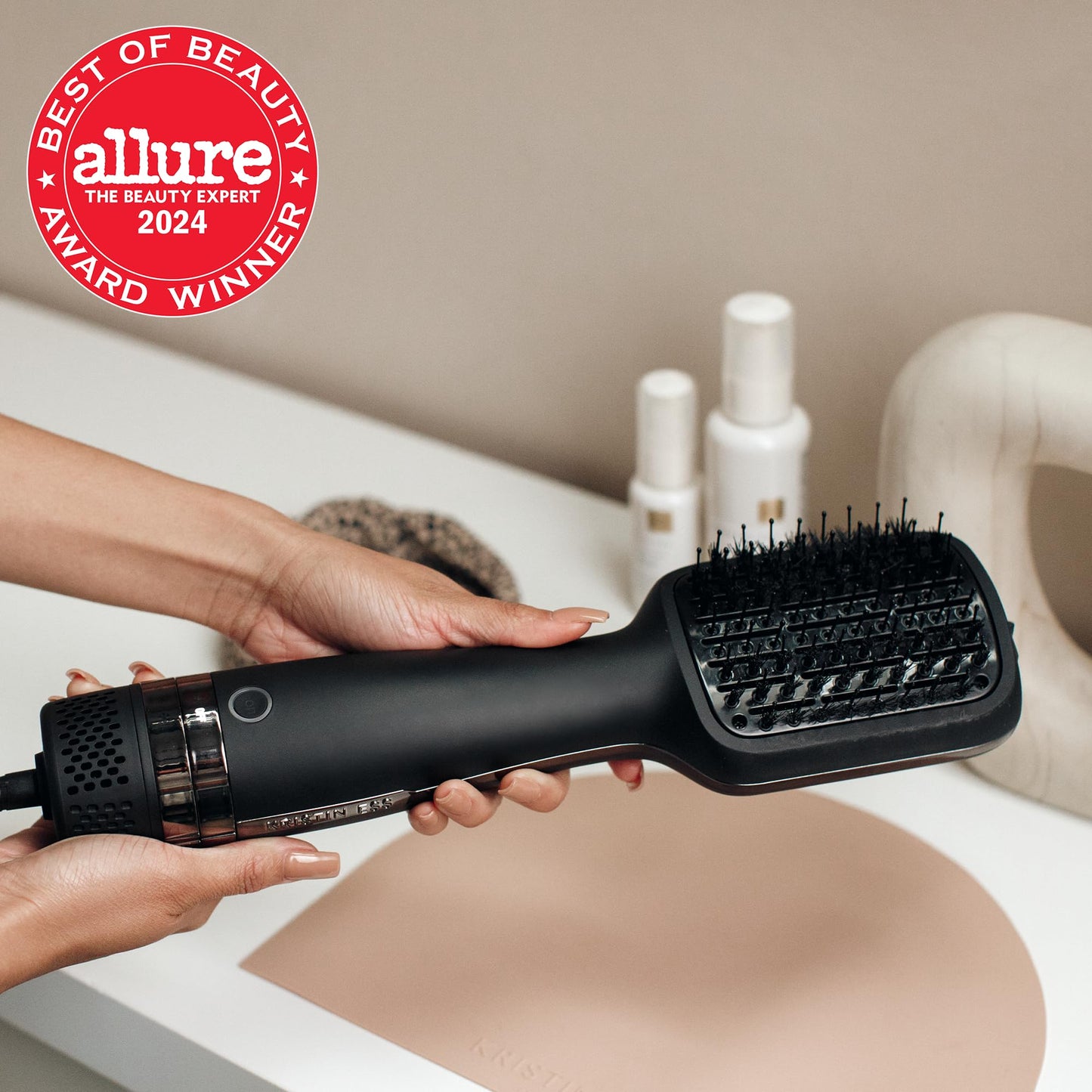 Kristin Ess Hair Volumizing Blow Dryer Brush - Blowout + Hair Straightening Brush - Ceramic + Ionic - Dry, Smooth + Volumize Hair - Flat Padel Base Beauty & Personal Care Kristin Ess