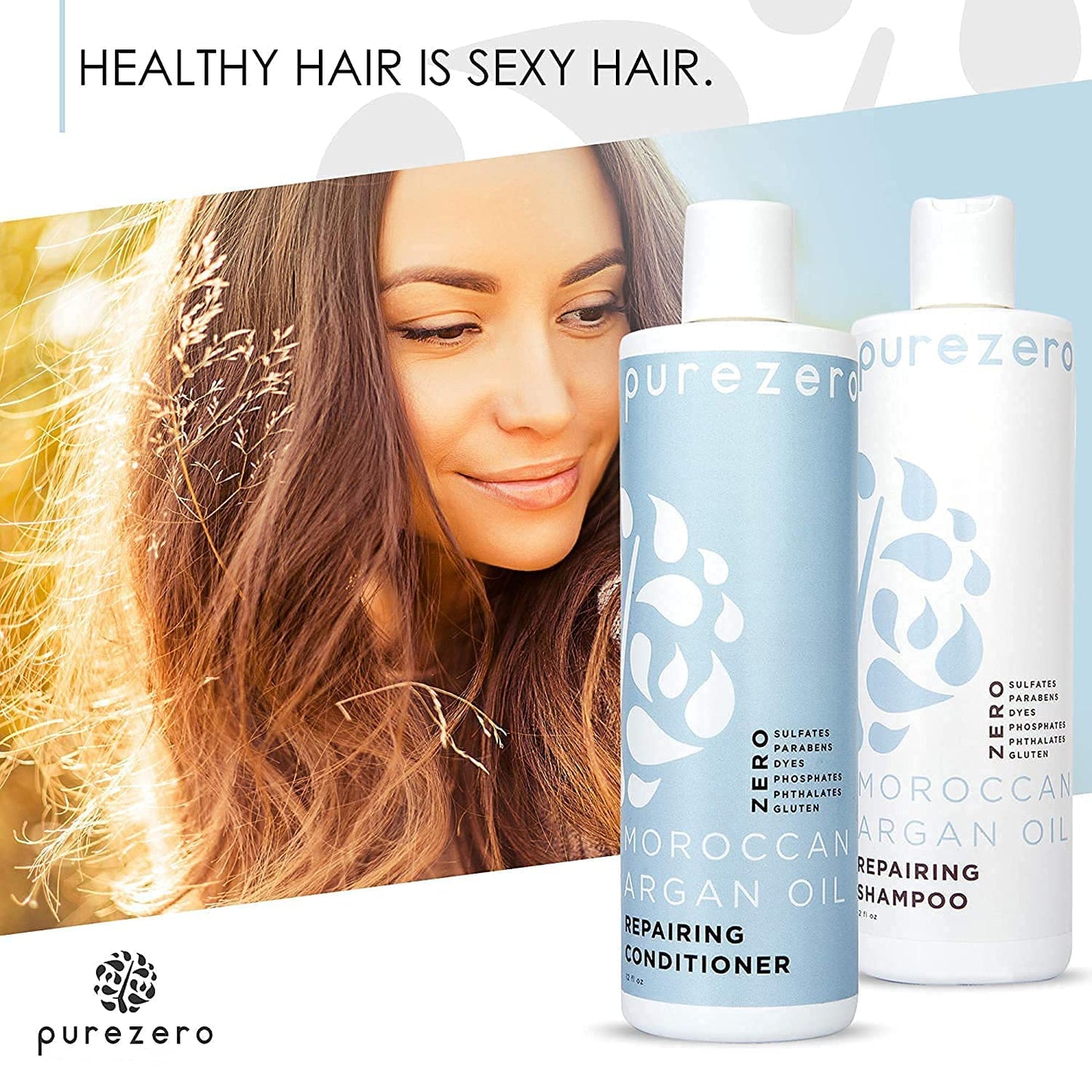 Purezero Moroccan Argan Oil Shampoo & Conditioner set - Repair Damaged Hair - Fight Dandruff & Frizz - Zero Sulfates, Parabens, Dyes, Gluten - Vegan Beauty & Personal Care Purezero