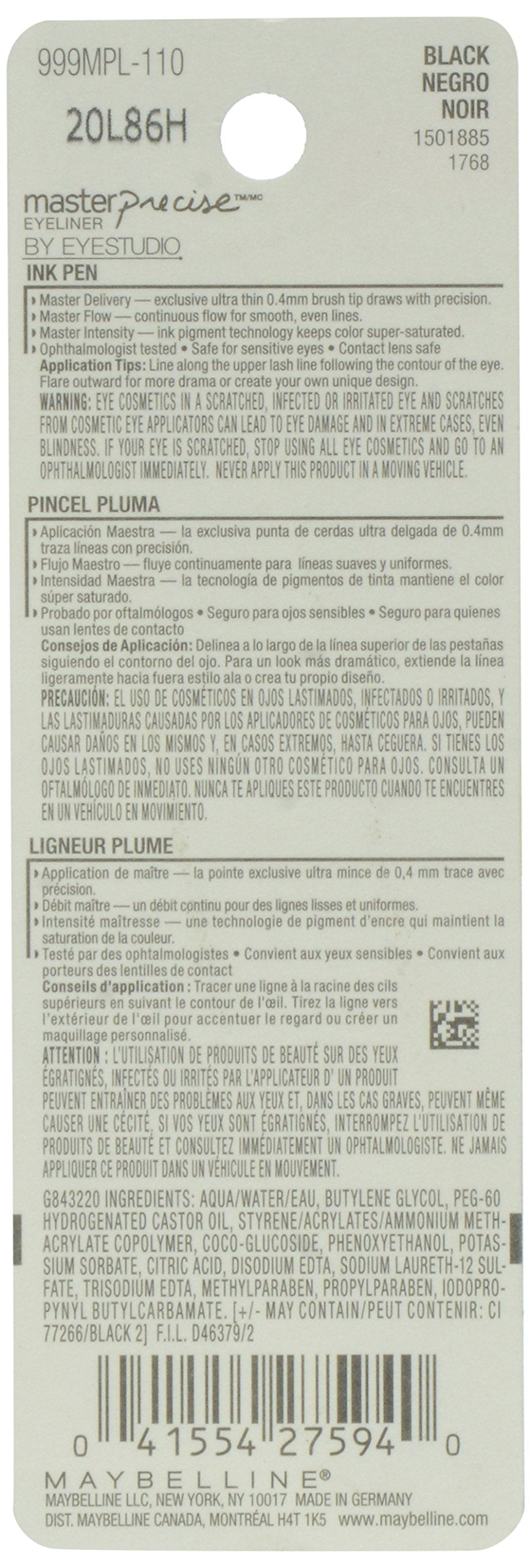 Maybelline New York Eye Studio Master Precise Liquid Eyeliner, No.110 Black, 0.037 Fluid Ounce Beauty & Personal Care MAYBELLINE