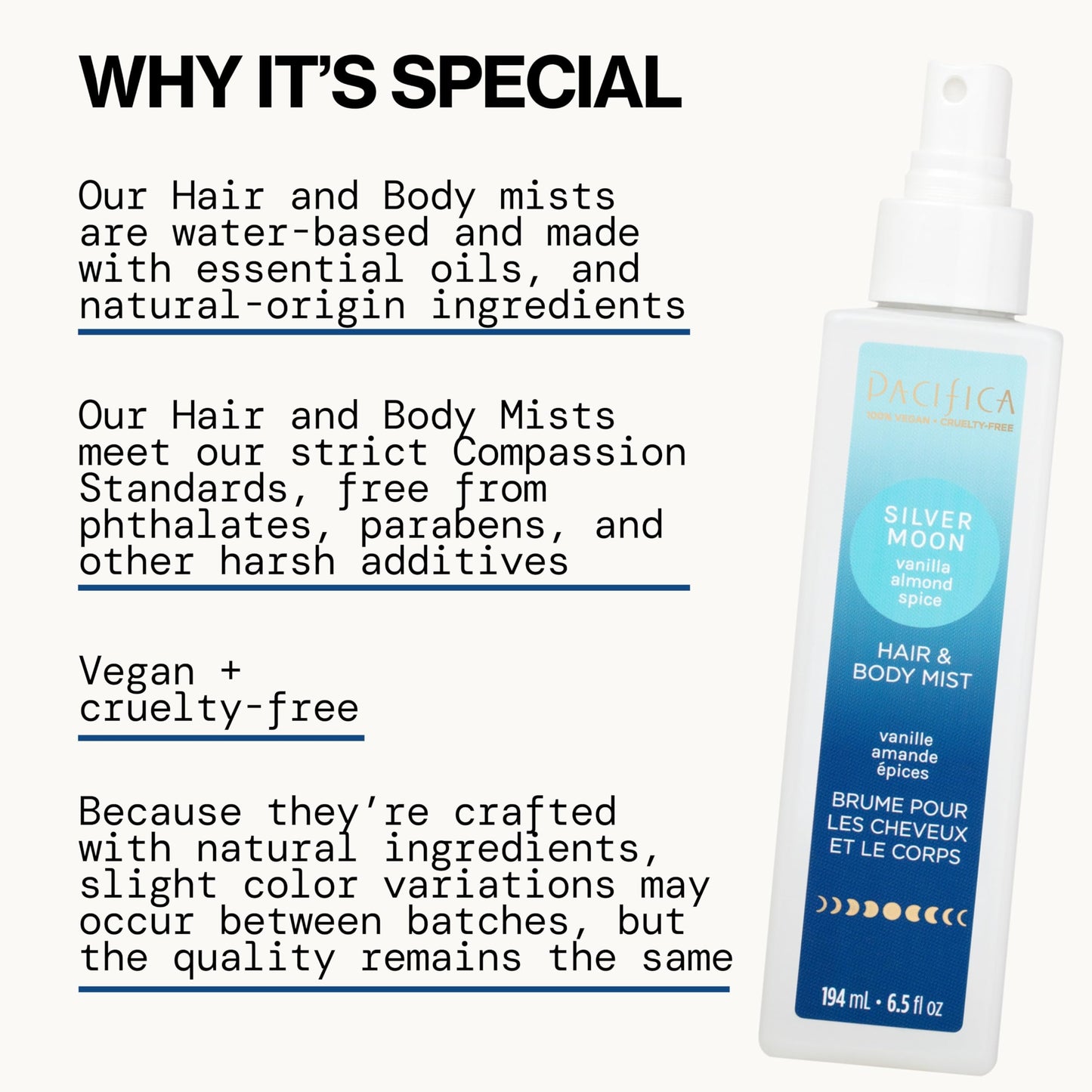 Pacifica Hair Perfume & Body Fragrance Spray Mist - Silver Moon with Vanilla, Almond & Spice - Alcohol-Free, Vegan & Cruelty-Free, 6.5 oz Beauty & Personal Care Pacifica