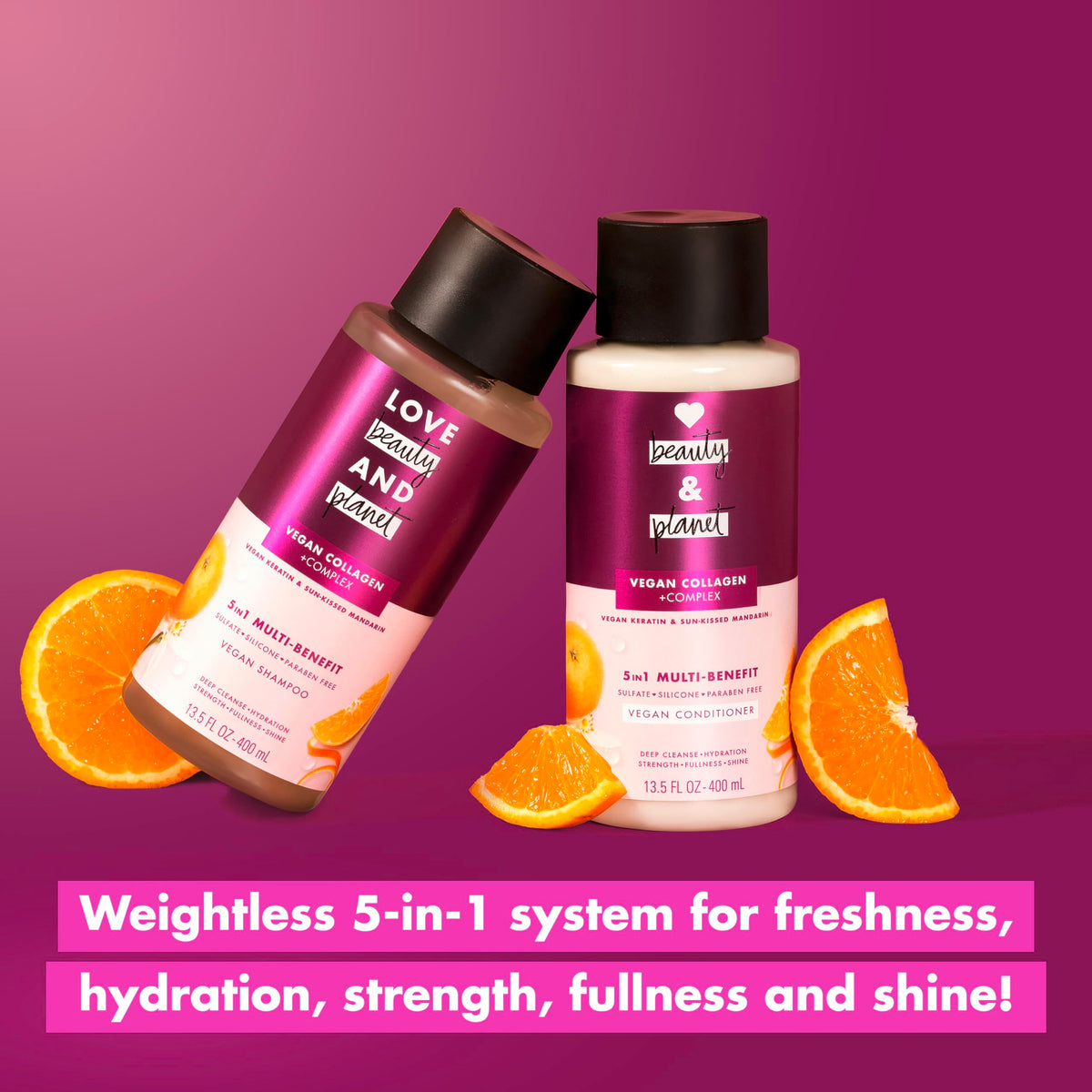 Love Beauty and Planet 5-in-1 Multi-Benefit Shampoo Vegan Keratin Collagen & Sun-Kissed Mandarin for a Deep Cleanse, Hydration, Strength, Fullness &