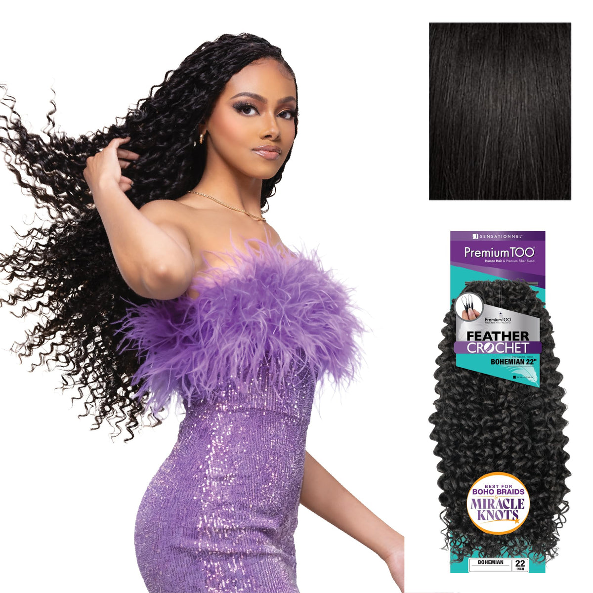 Sensationnel PremiumToo Feather Crochet Braids-Bohemian,22in, 1 JETBLACK