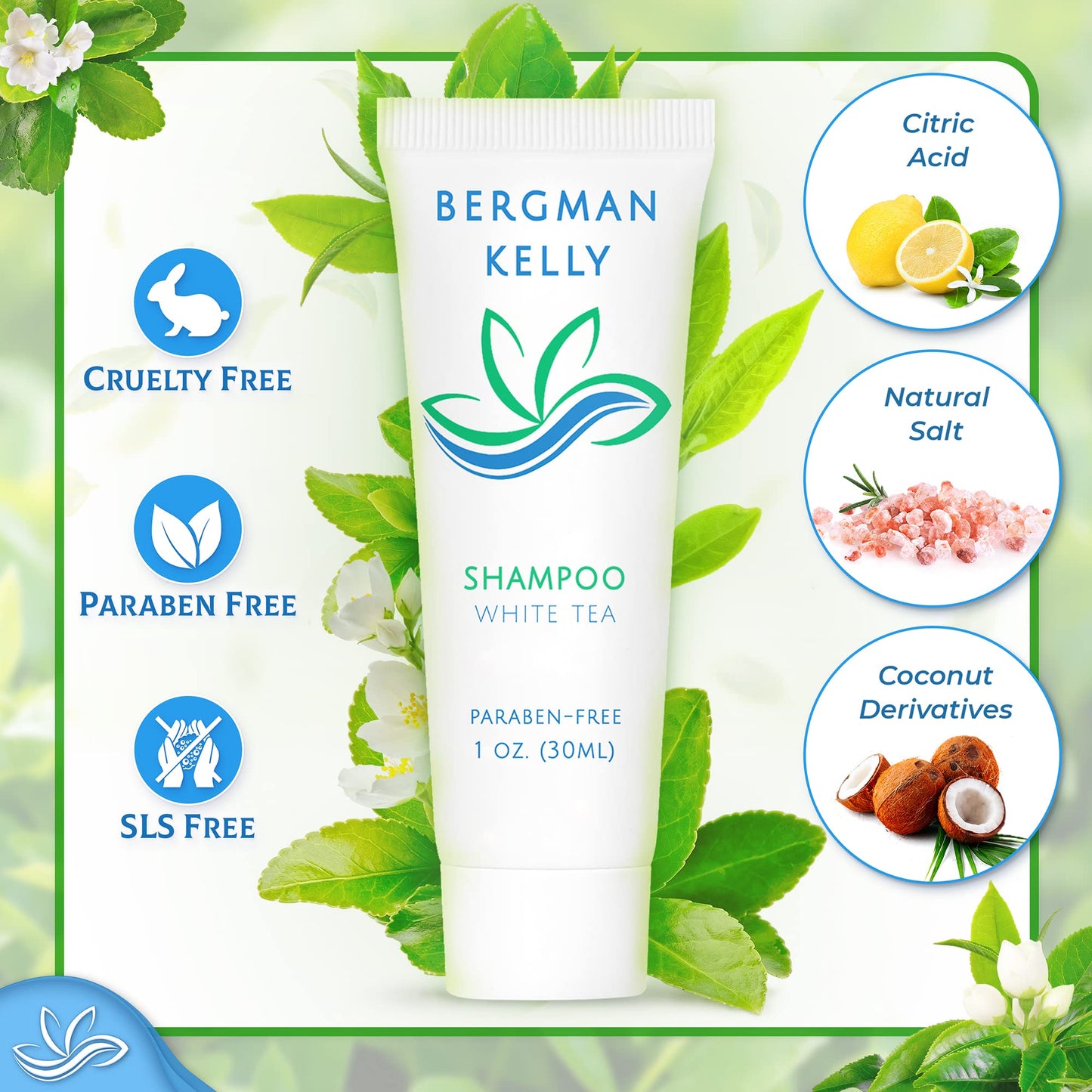 Bergman Kelly - Travel Shampoo and Conditioner Set - 1 fl oz, 100 Pieces, White Tea - Delight Your Guests with Revitalizing and Refreshing Hotel Beauty & Personal Care BERGMAN KELLY