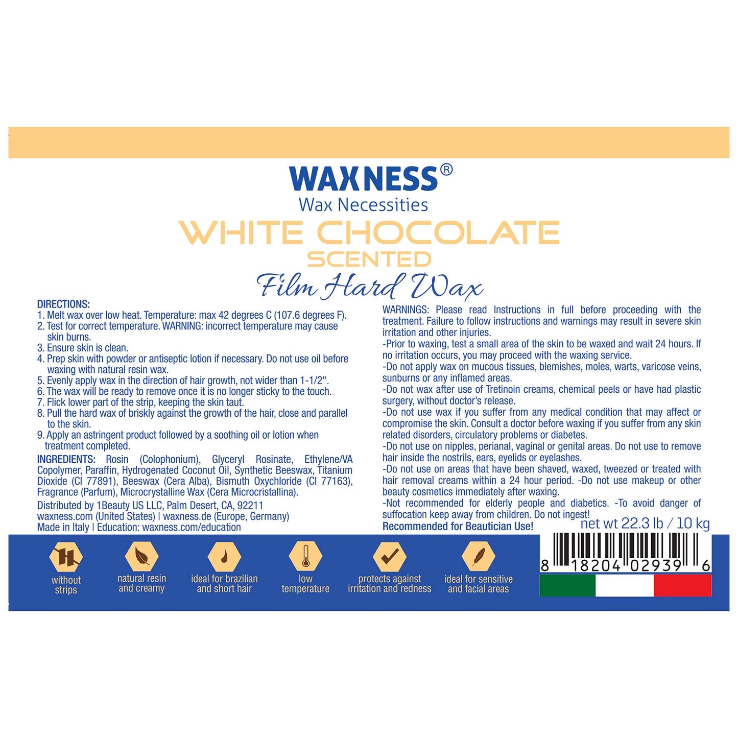Waxness Film Hard Wax Beads White Chocolate 22 lb (10 kg) - Stripless Professional Hard Wax Bulk Size for Face & Body, Salon Use - Made in Italy Beauty and Personal Care Waxness