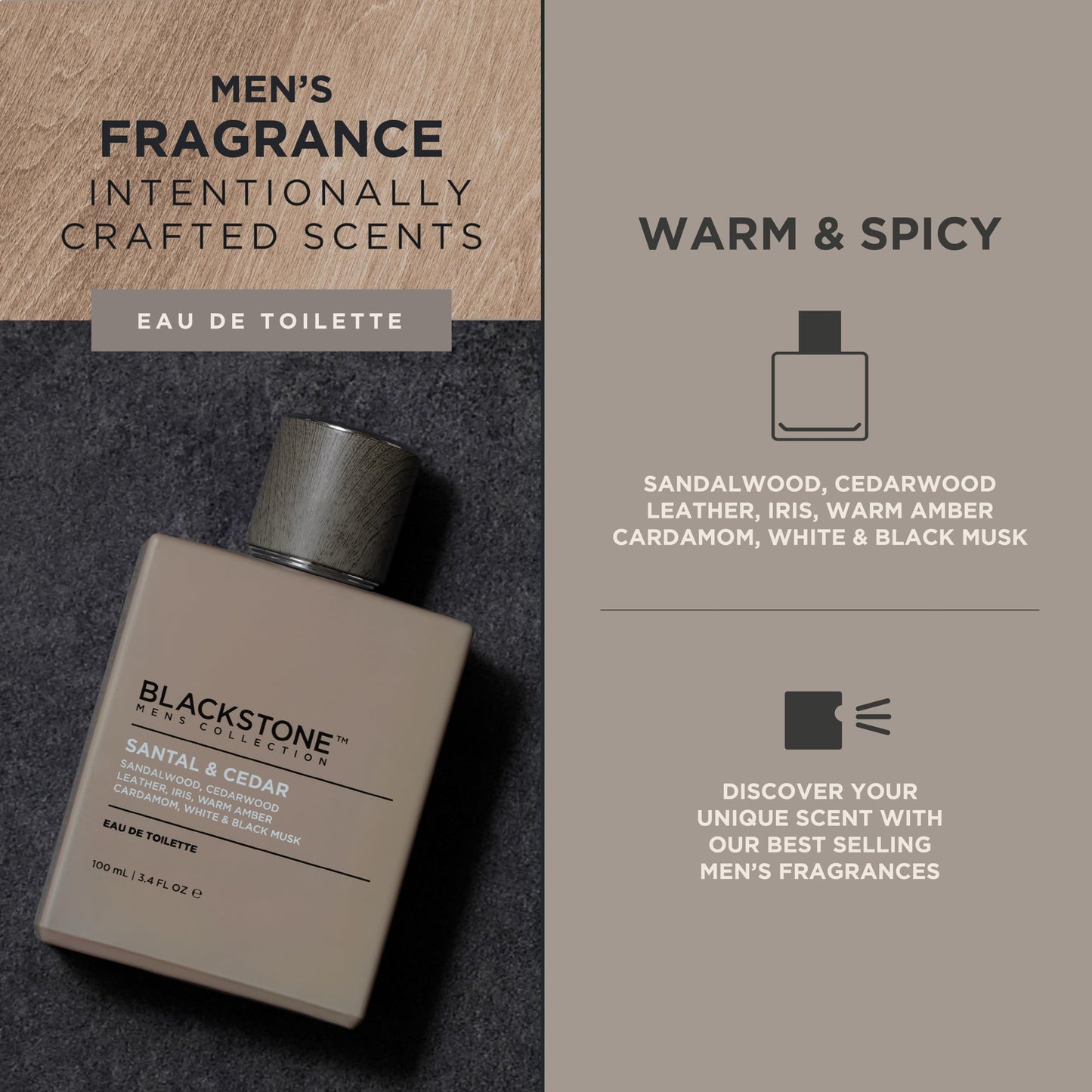 Blackstone Mens Collection Eau de Toilette - Santal & Cedar, | Men’s Fragrance, Warm (3.4 Fl Oz) Men's Grooming 100ml Santal & Cedar Toilette Beauty & Personal Care Blackstone