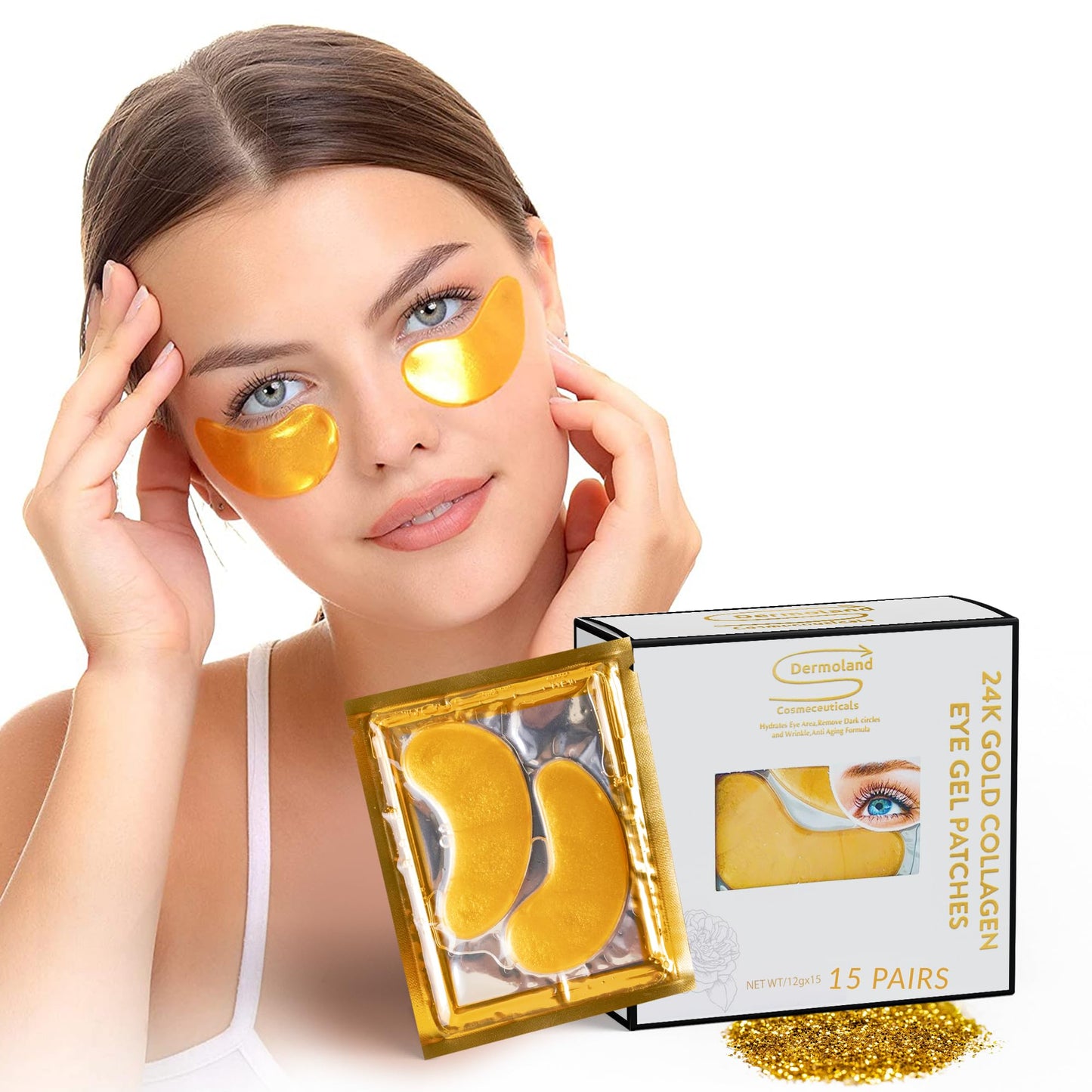 Dermoland Under Eye Patches For Women - 24K Gold Eye Masks, 15 Pairs | Hyaluronic Acid | Reduces Puffiness, Dark Circles & Wrinkles | Vegan Beauty & Personal Care Dermoland