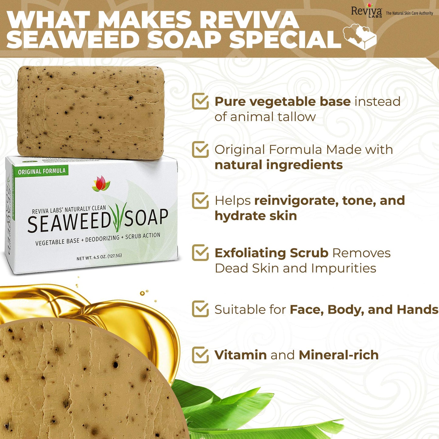 Reviva Seaweed Soap - 4 Pack - Organic Seaweed Face Scrub and Exfoliating Body Scrub Soap Bar - 4.5 oz. Vegetable Base Natural Bar Soap and Seaweed Beauty & Personal Care Reviva Labs