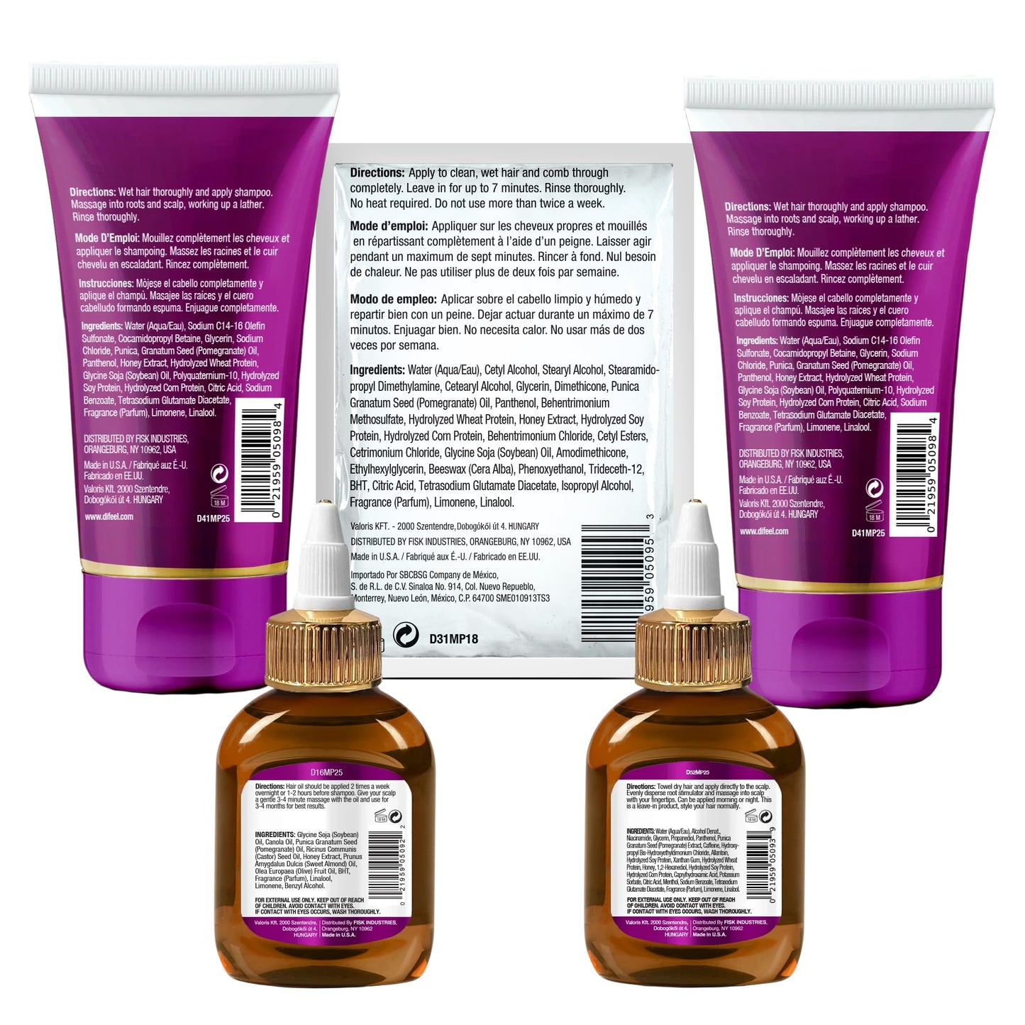 Difeel Pomegranate & Manuka Honey 6-Piece Travel Hair Care Set - Sulfate-Free Shampoo, Conditioner, Hair Oil, Root Stimulator & Deep Conditioning Mask Beauty & Personal Care Difeel