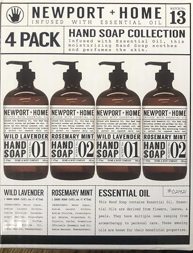 4 Bottles, Newport + Home Hand Soap, 2 Rosemary Mint, 2 Wild Lavender 16oz, Infused with Essential Oil, By Home & Body Co Beauty & Personal Care JAROFUREL