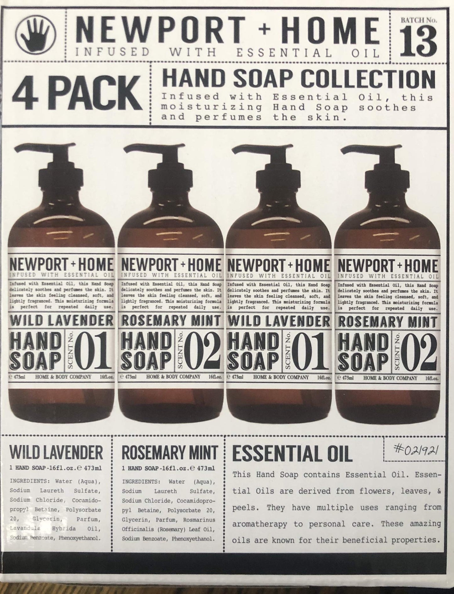 4 Bottles, Newport + Home Hand Soap, 2 Rosemary Mint, 2 Wild Lavender 16oz, Infused with Essential Oil, By Home & Body Co Beauty & Personal Care JAROFUREL